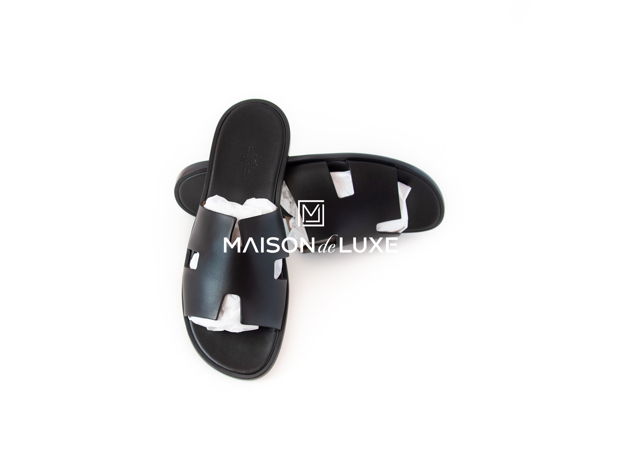 Hermes Men's Noir Black Izmir Sandal Size 44 - Premium Leather Summer Slides for Beach, Pool & Casual Wear
