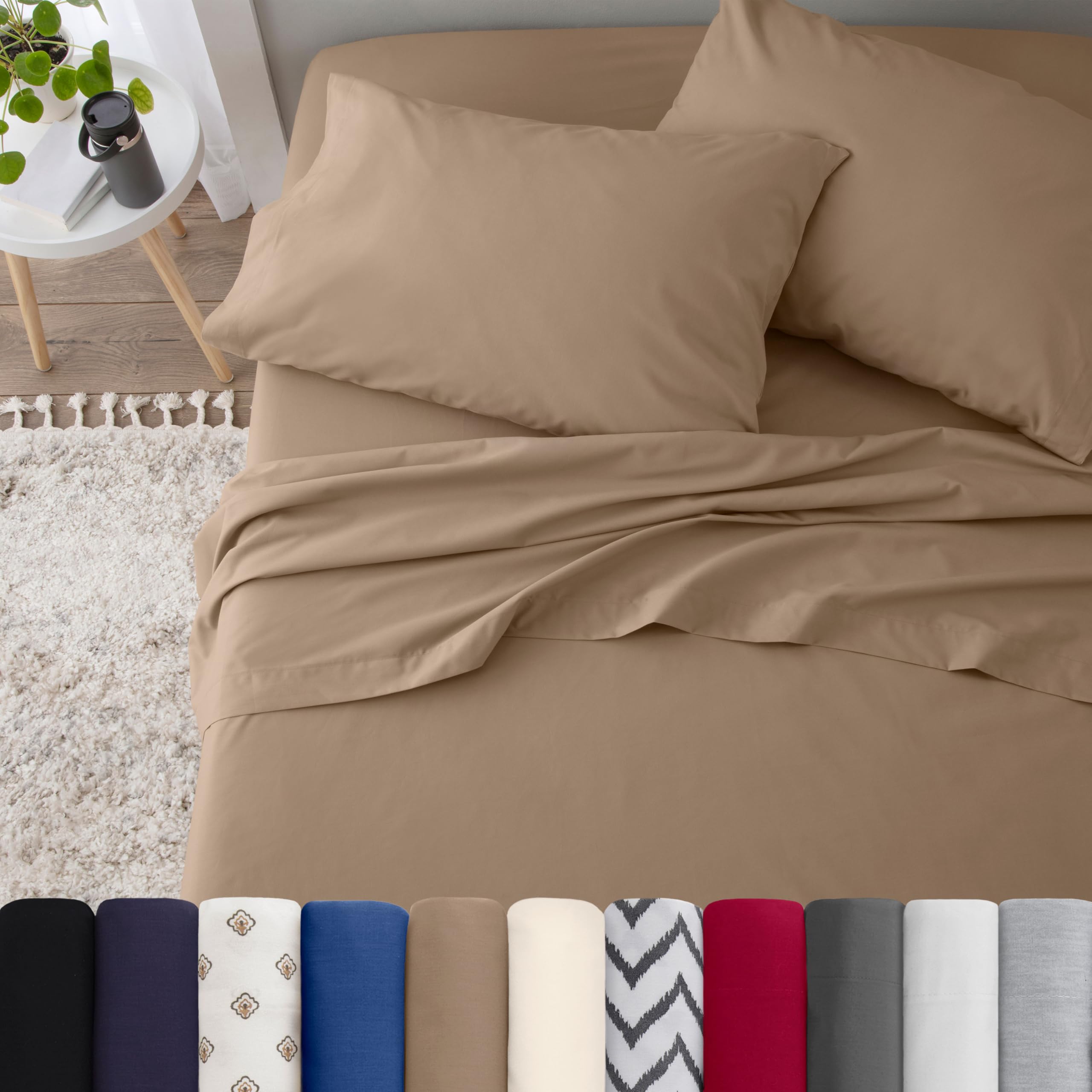 3 Piece Twin Sheets Set - Soft Breathable Brushed Cotton Rich Blend Bed Sheets | Lightweight, Wrinkle Resistant, Durable & Easy Care | Secure-Fit Comfort for Kids, Teens & Guest Rooms | Perfect for Dorms, Daybeds & Cozy Bedrooms (Beige)