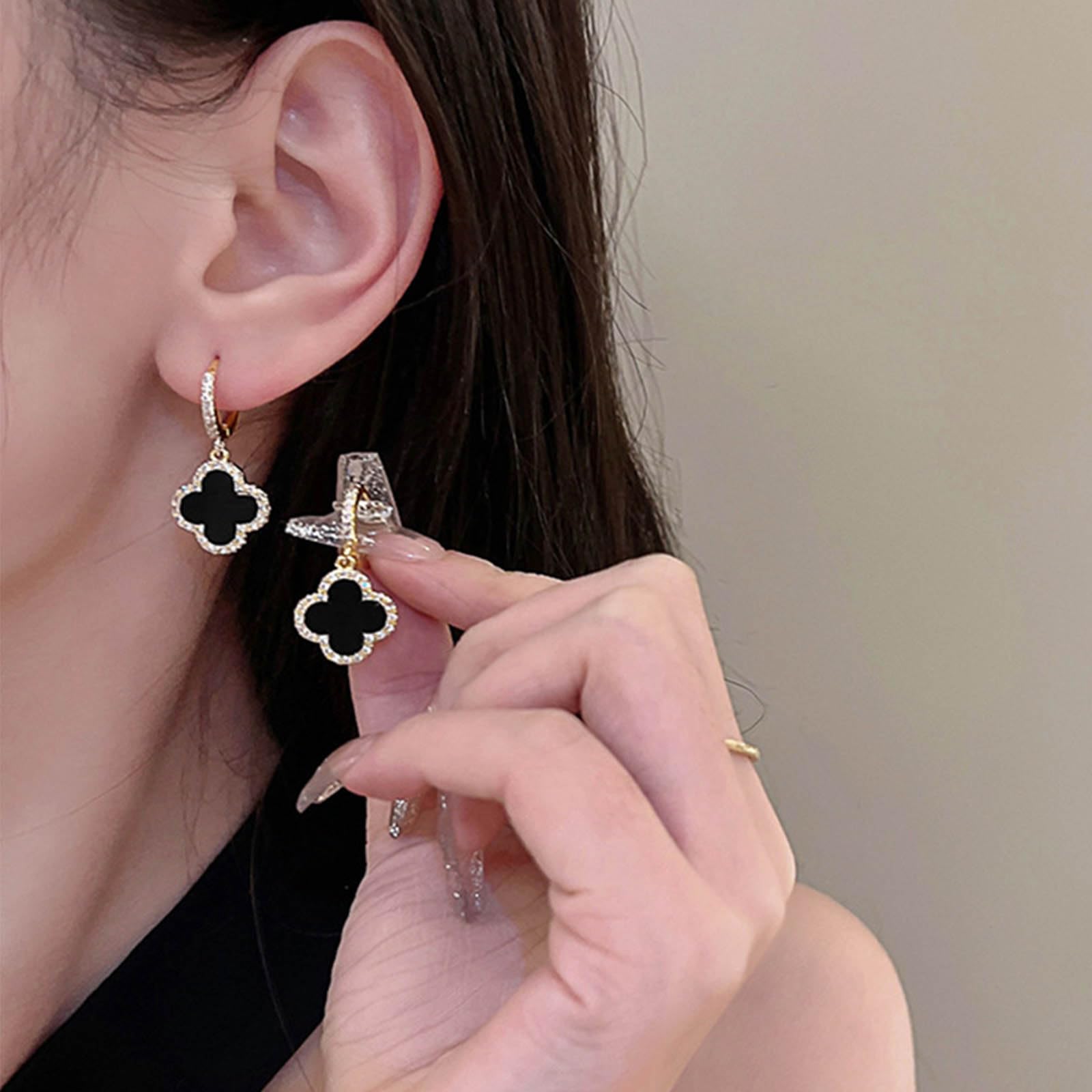 Boho Four Leaf Clover Earrings for Women - Black Crystal Clover Dangle Huggie Hoop Earrings with CZ Stones, Lucky Charm Jewelry Gift for Women and Girls | Perfect for St. Patrick's Day, Parties & Everyday Wear