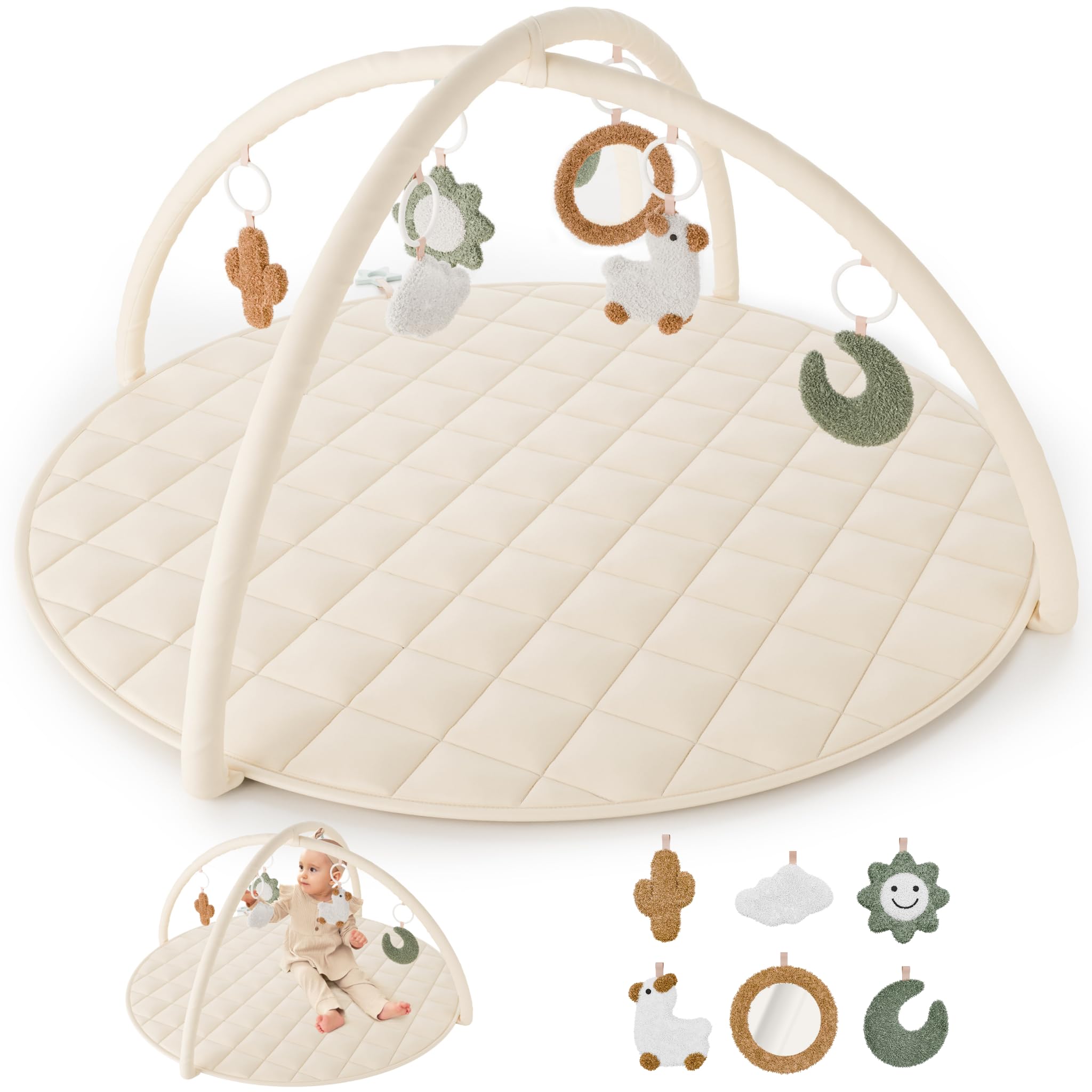 Soft Cotton Baby Play Gym & Tummy Time Mat with 6 Cute Toys - Interactive Activity Center for Infants 0-12 Months - Perfect for Crawling, Sensory Play & Nursery Decor - Gender Neutral Playmat for Boys & Girls