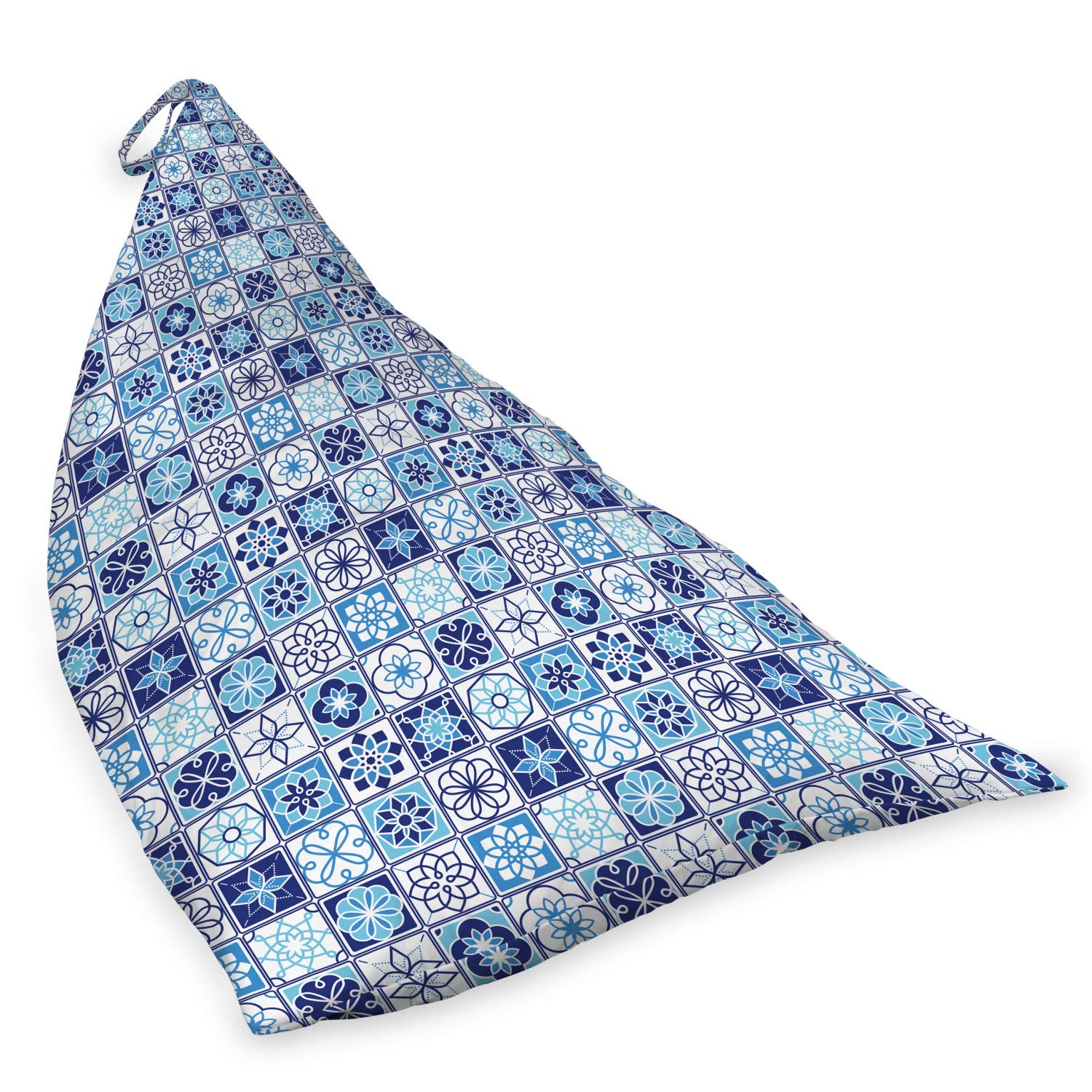 Ambesonne Azulejo Lounger Chair Bag - Large Capacity Storage with Handle - Folkloric Portuguese Floral Square Pattern - Dark Sky Blue - Perfect for Beach, Picnic, Camping & Outdoor Storage