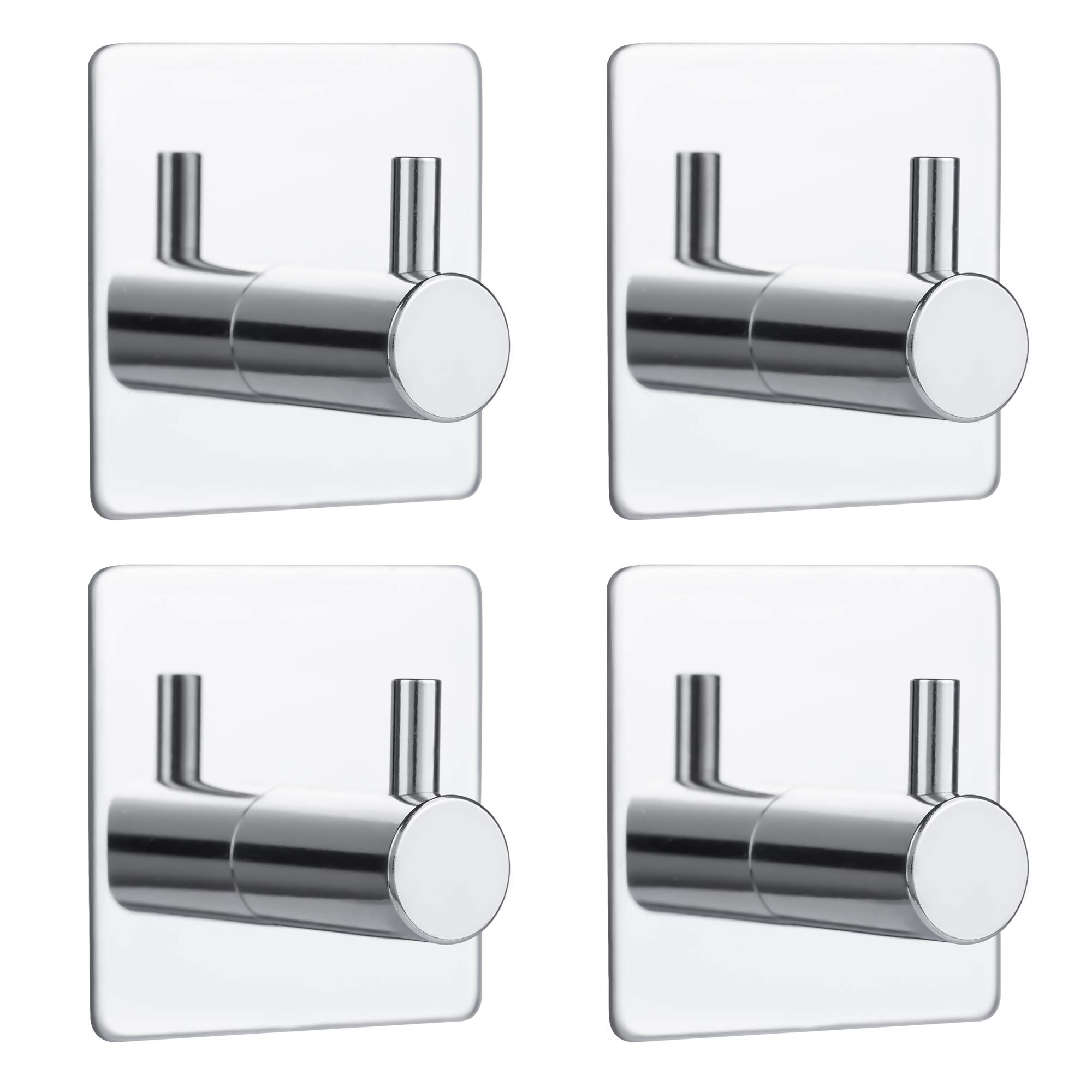 Bylion 4 Pack Silver Adhesive Wall Hooks - Stainless Steel 304 Bathroom Towel Hooks - Heavy Duty Waterproof Hooks for Robes, Towels & Clothes - Perfect for Bathroom, Kitchen, Bedroom & Dorm Organization