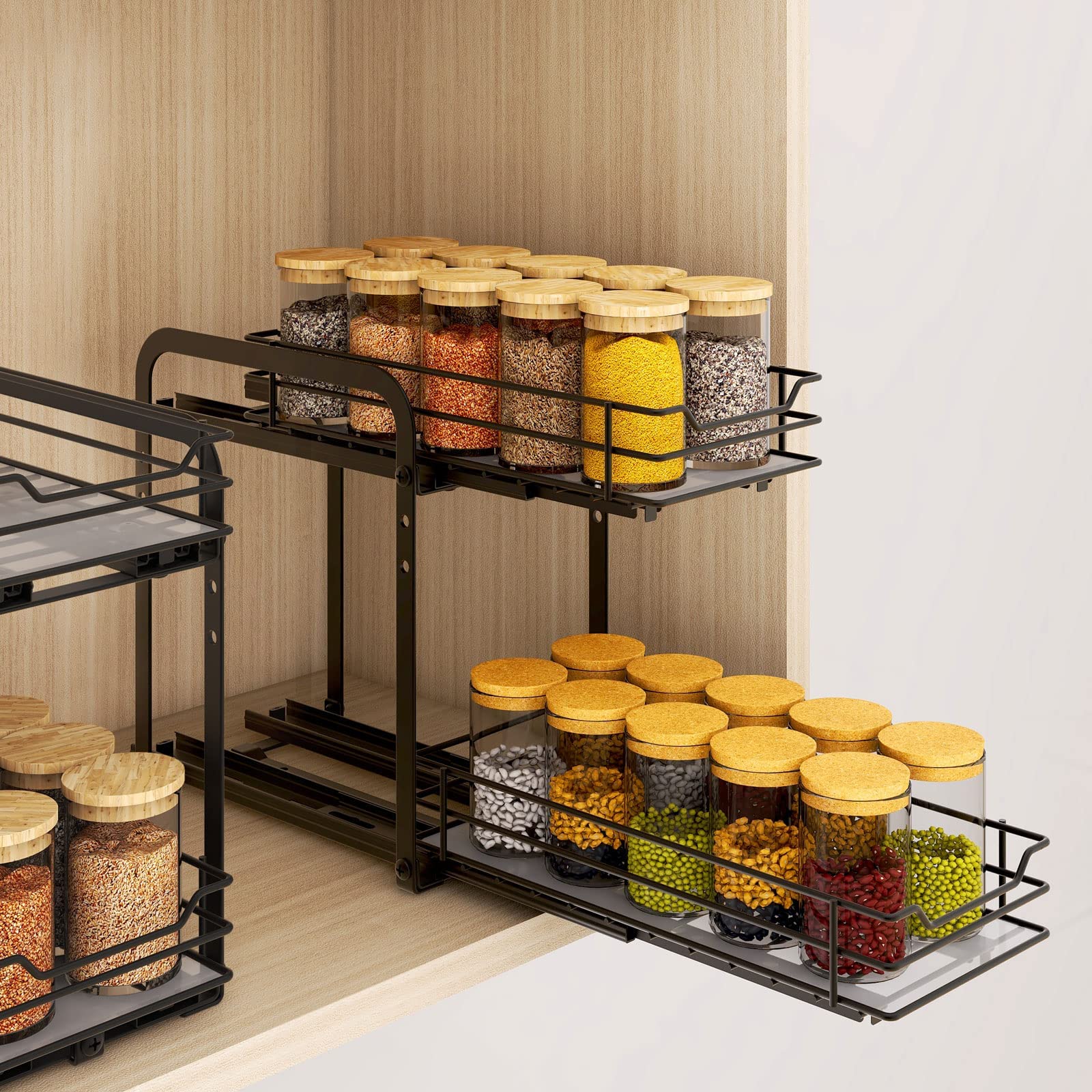 2-Tier Pull Out Spice Rack Organizer - Heavy Duty Metal Basket for Kitchen Cabinets & Pantry Closet - Space Saving Spice Storage Solution for Cooking & Baking Needs