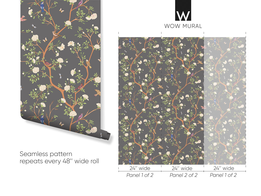 Dark Gray Blossom Trees Peel and Stick Wallpaper - Self-Adhesive Removable Wall Mural for Bedroom, Living Room, Nursery Decor - Waterproof & Easy to Install (W057)
