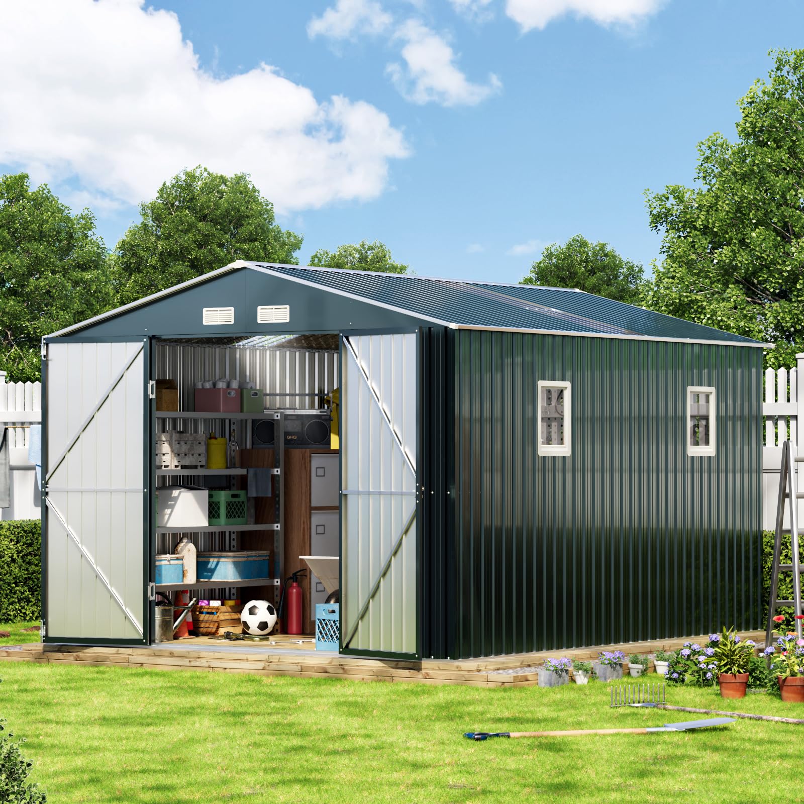 10x12x7.5 FT Outdoor Steel Storage Shed with Lockable Doors & 2 Windows - Durable Transparent Roof Panels for Garden, Patio, Backyard - Perfect for Storing Tools, Garbage Cans, Chicken Coops & Outdoor Equipment