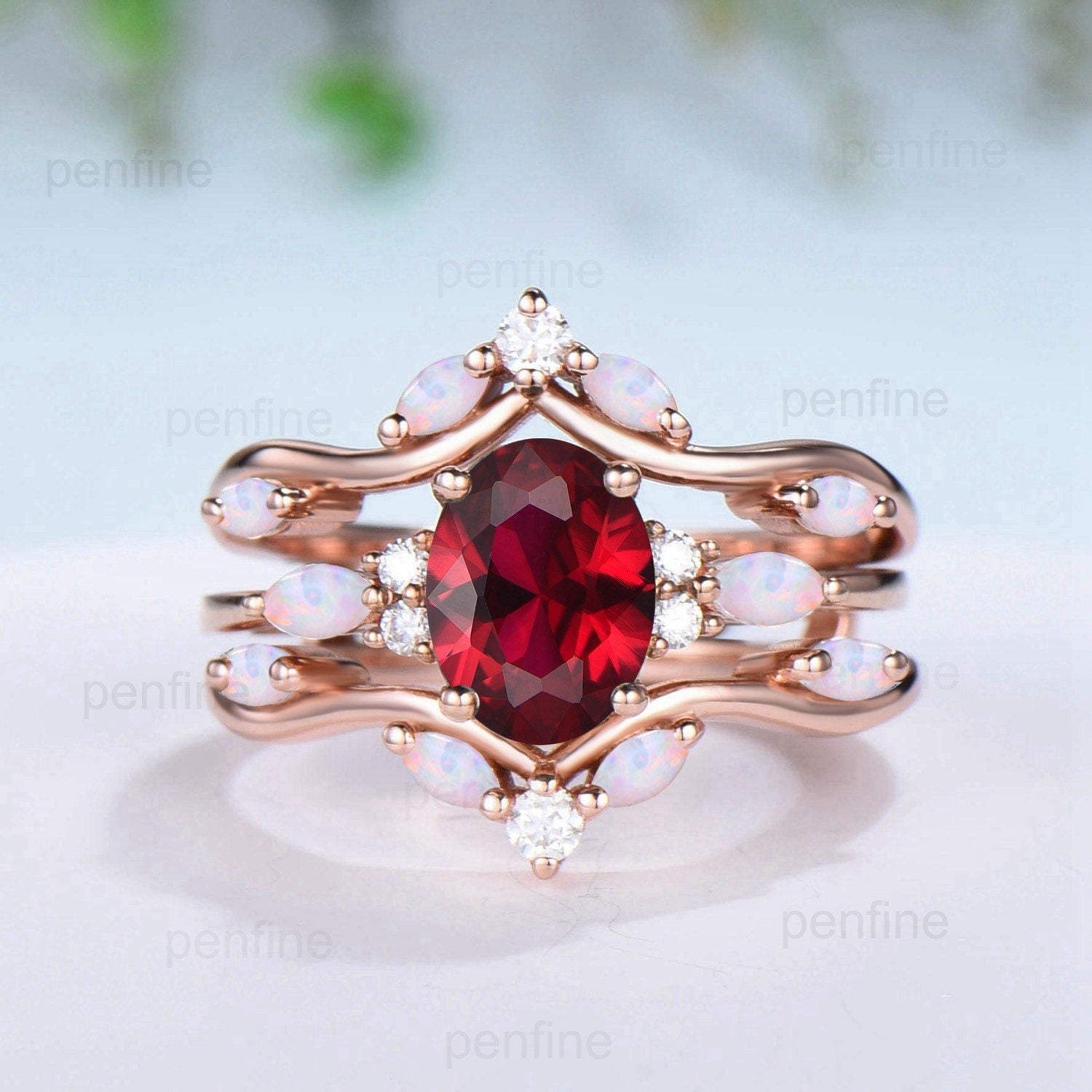 Vintage Oval Ruby Engagement Ring Set - Marquise White Opal Wedding Band with Double Curved Lab Ruby & Moissanite Stacking Bridal Jewelry for Women | Perfect for Proposals, Anniversaries & Special Occasions