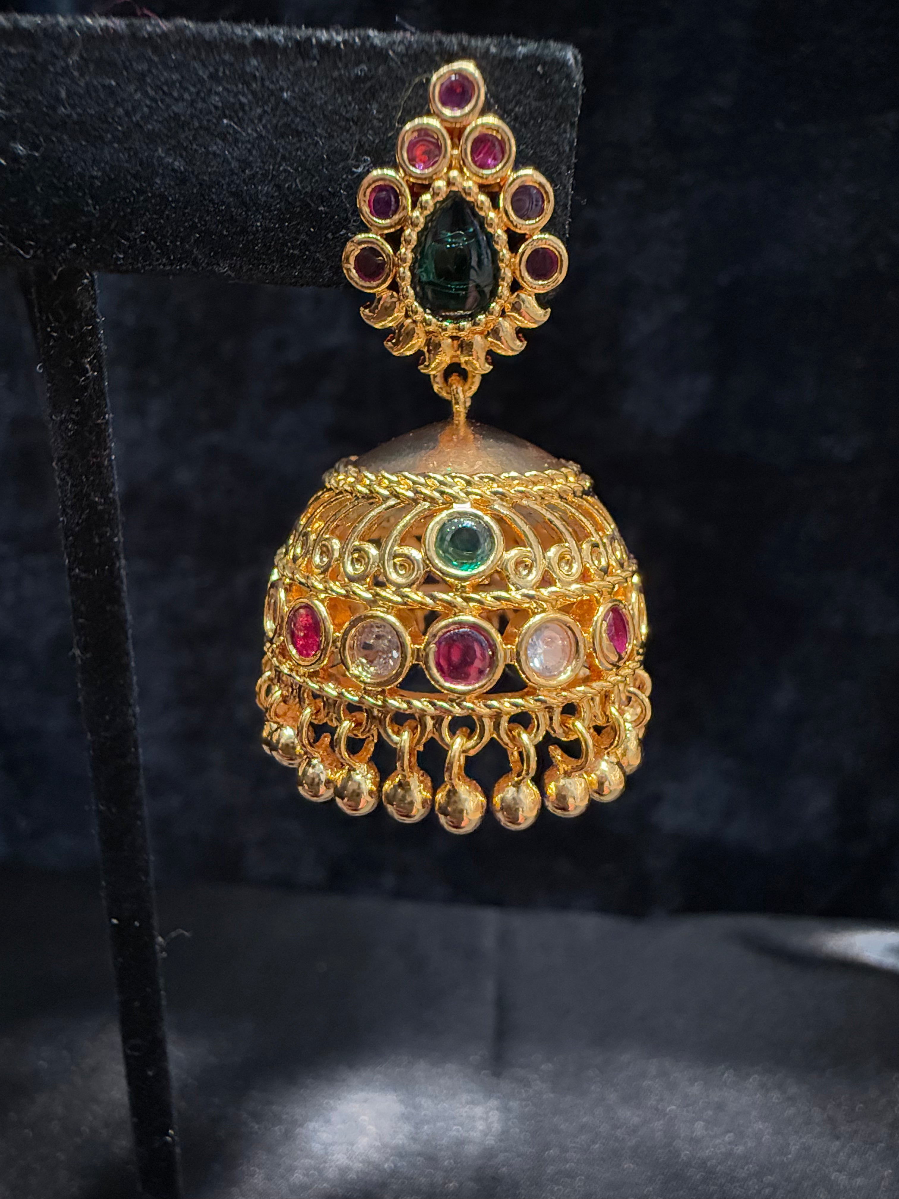 Exquisite Gold Plated Designer Jhumka Earrings with Multicolor Stones & Golden Beads – Perfect for Weddings, Parties & Ethnic Fashion