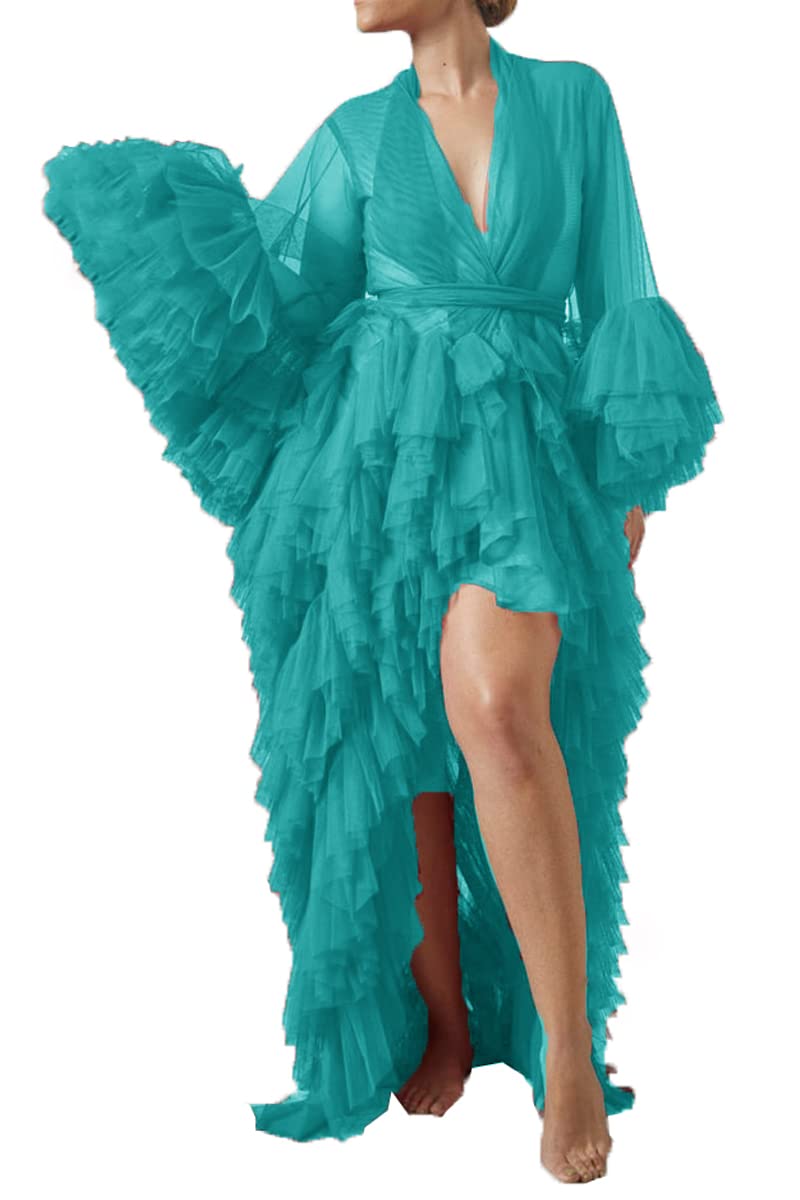 Elegant Long Sheer Tulle Pleated Maternity Dress with Ruffles & Belt - Sexy Lingerie Nightgown Robe for Photo Shoots, Bridal Showers & Special Occasions
