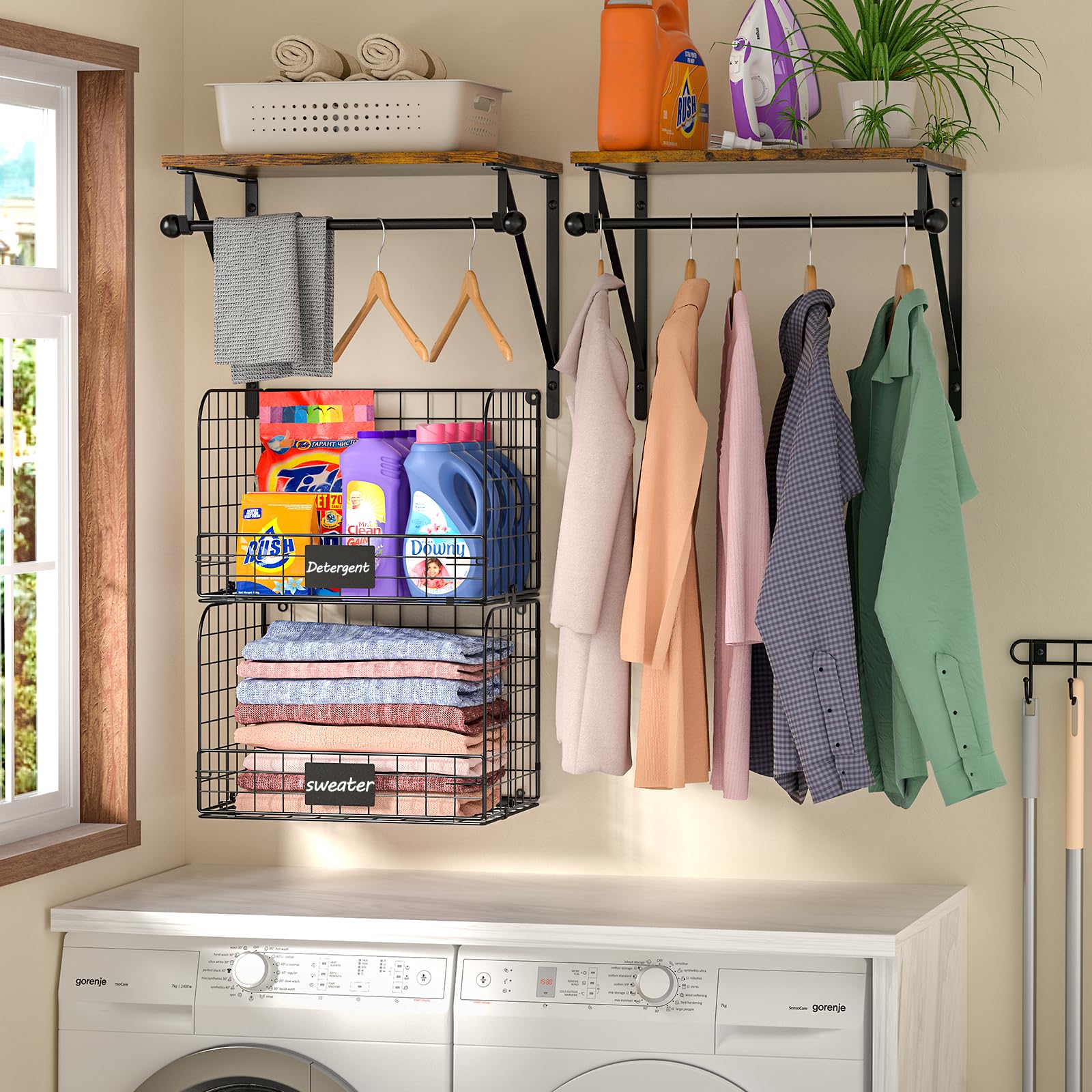 Wall Mounted Laundry Shelves with Wire Baskets - Wood & Metal Storage for Washer Dryer Area