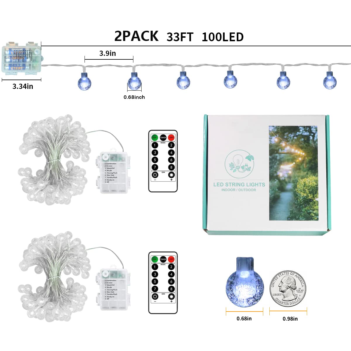 200 LED Outdoor String Lights 2 Pack - 66ft Battery Operated Waterproof Fairy Lights with Remote Control, 8 Lighting Modes (Cool White) - Perfect for Backyard, Patio, Wedding, Christmas Party & Indoor Decor