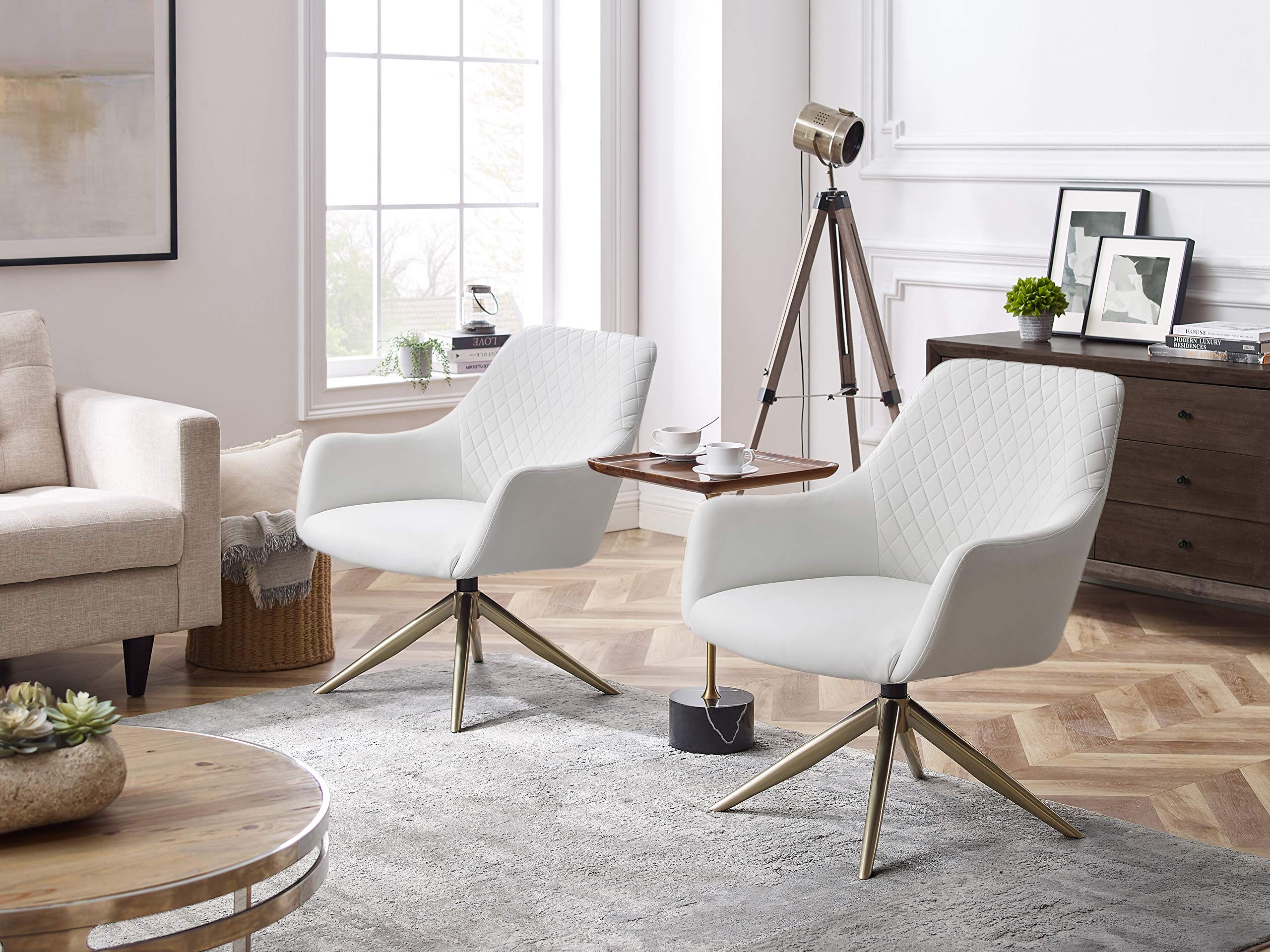 Art Leon Mid Century Modern Swivel Office Desk Chair - No Wheels Faux Leather Accent Armchair for Small Spaces, Bedroom or Home Office - Set of 2 White Chairs - Perfect for Compact Living Rooms, Dormitories & Cozy Workspaces