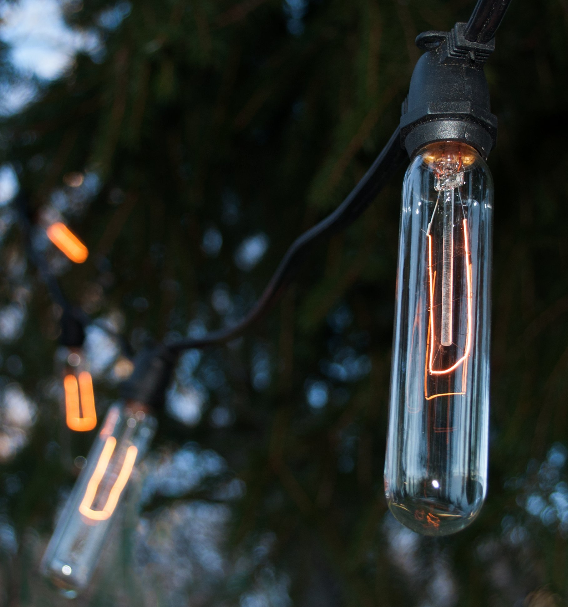 Commercial Grade Edison Bulb Outdoor String Lights - 100 ft Black Wire with Hand-Threaded Filament (T25 Tube) - Perfect for Patio, Garden, Restaurant & Wedding Decor