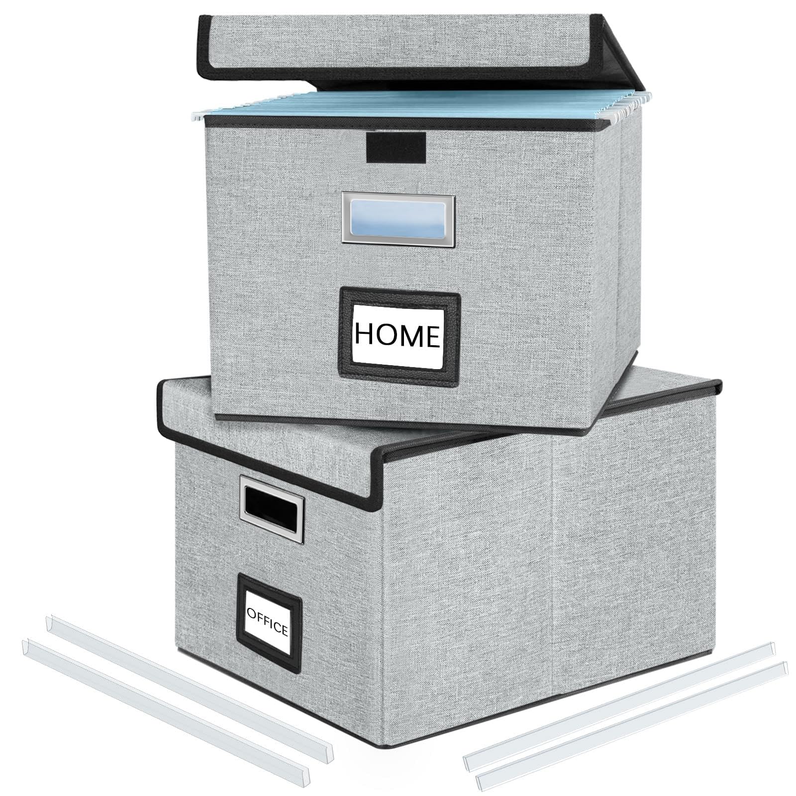 Huolewa Upgraded Collapsible File Storage Organizer Boxes with Lids - Portable Large Linen Hanging Filing Box for Home & Office Organization - Decorative File & Folder Storage System (Grey, 2-Pack) - Perfect for Desk, Closet, and Document Management
