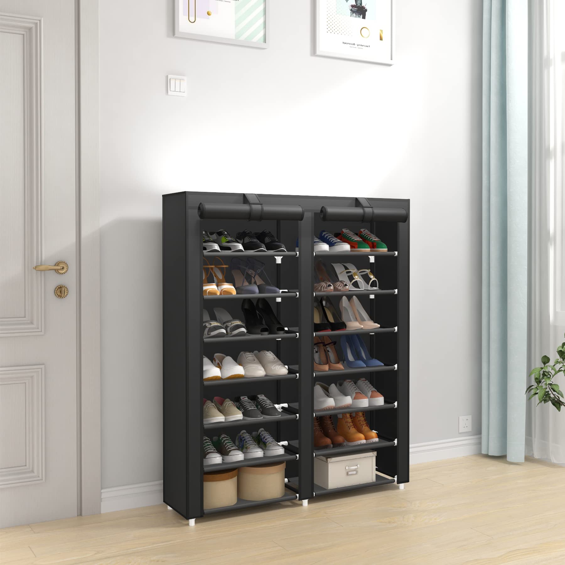 JIUYOTREE 7-Tier Shoe Rack Organizer - Large Capacity Double Row Shoe Storage Cabinet with Non-Woven Fabric Cover - Space Saving Closet Shelf for Entryway, Bedroom & Dorm Organization (Black)