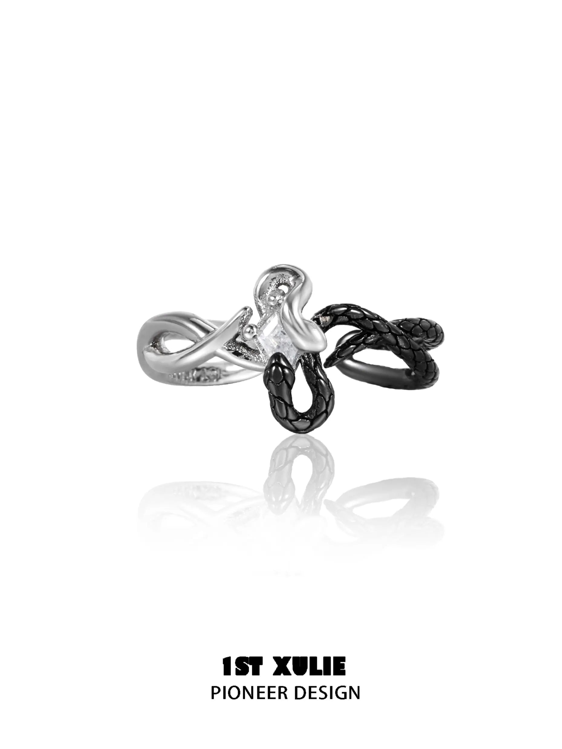 Snake Bite White & Black Serpent 925 Sterling Silver Adjustable Open Ring for Women | Gothic Jewelry, Punk Fashion Accessory, Halloween Costume Jewelry