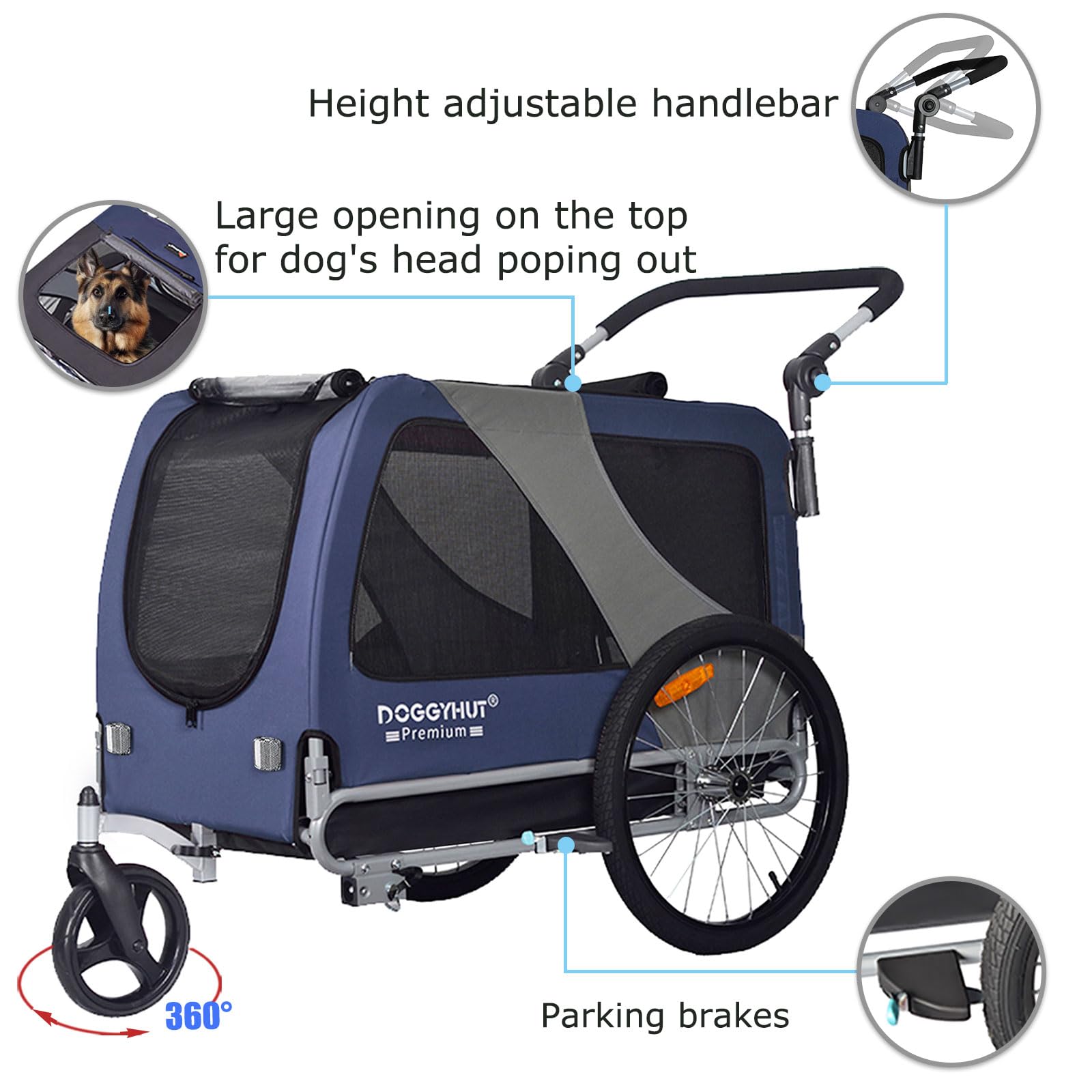 DOGGYHUT® Premium Large/XL Pet Bike Trailer & Stroller for Big Dogs or Multiple Small Dogs - Low Center Gravity, Parking Brakes, Easy Fold Frame - Perfect for Cycling, Jogging & Outdoor Adventures