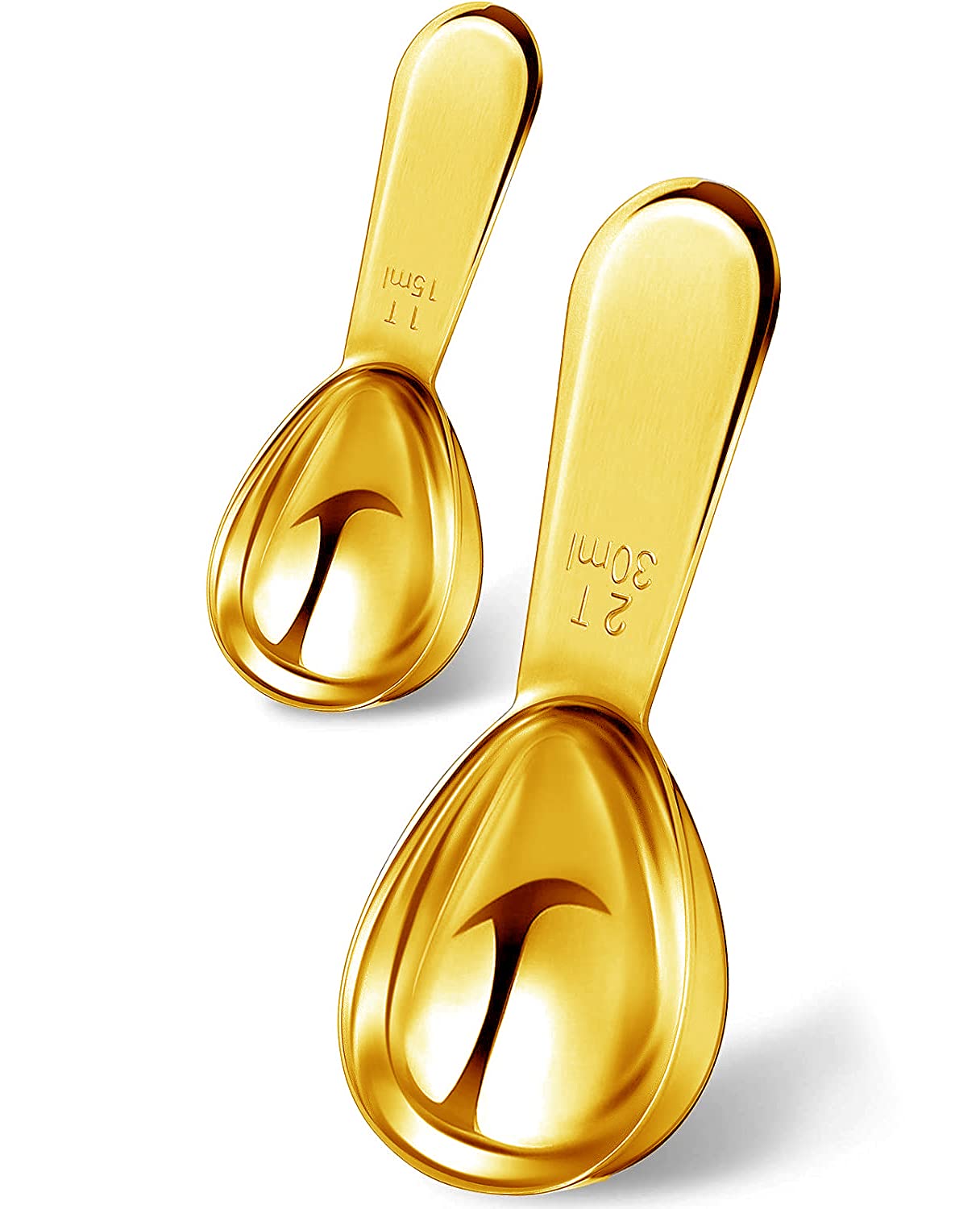 Premium Stainless Steel Coffee Scoop - 1 Tbsp & 2 Tbsp Measuring Spoon for Ground Coffee, Tea, Sugar, Flour & Liquids - Short Handle Design for Easy Use - Perfect for Coffee Canisters, Kitchen & Barista Tools (Gold) - Ideal for Home Brewing, Baking & Coffee Shops