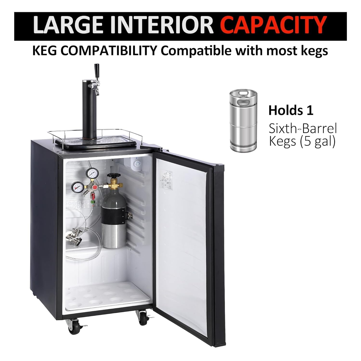 Commercial Kegerator with Single Faucet - Full Size Stainless Steel Keg Refrigerator for Beer Dispensing | Includes Drip Tray, Shelves & Rail | Perfect for Home Bars, Parties & Restaurants (Black)
