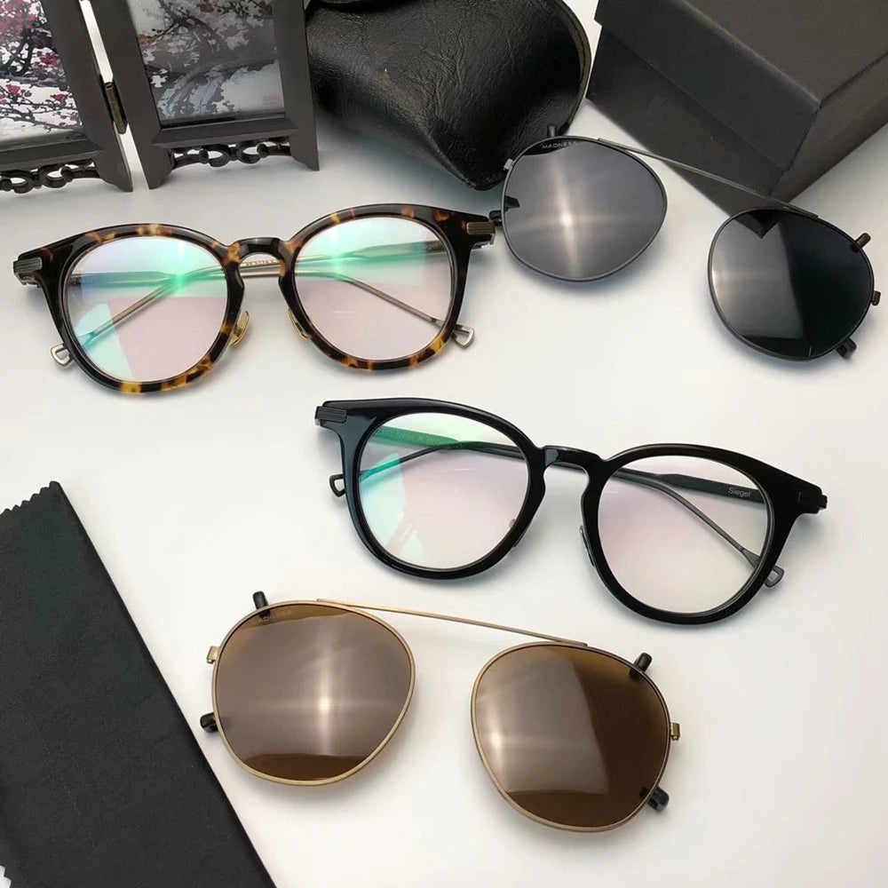Aimee Unisex Full Rim Round Acetate Eyeglasses with Titanium Clip-On Sunglasses - Stylish Reading Glasses & Sun Protection for Men & Women | Perfect for Outdoor Activities, Driving, and Fashion Accessories