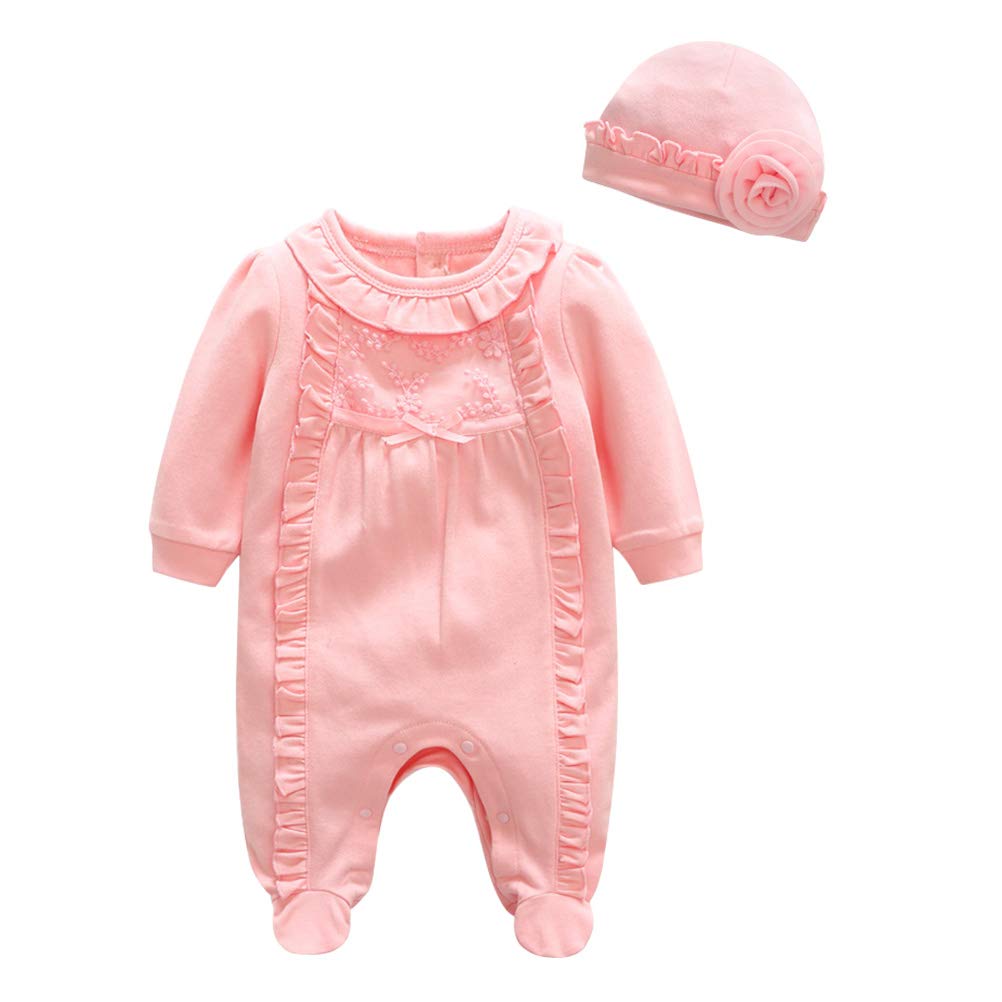 FENICAL 2-Pack Newborn Baby Girl Cotton Bodysuit Romper Jumpsuit Outfit with Matching Hat - Soft & Comfortable for Newborns, Infants 0-3 Months - Perfect for Photo Shoots, Daily Wear, and Special Occasions