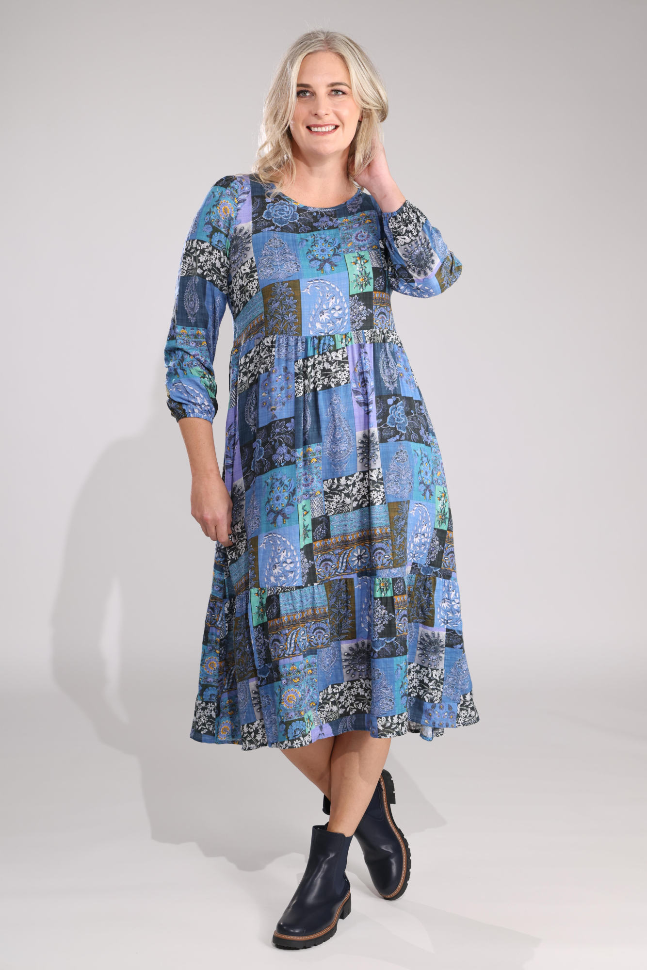 Blue Lilac Patchwork Dress 6535B1 - Stylish Floral Summer Dress for Women, Perfect for Parties, Weddings & Casual Outings