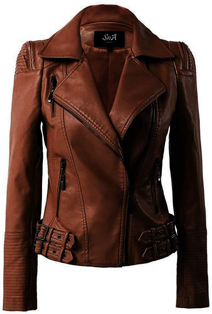 Women's Genuine Leather Moto Biker Jacket with Zipper Closure & Stylish Details - Perfect for Motorcycle Riding, Night Out & Casual Fashion