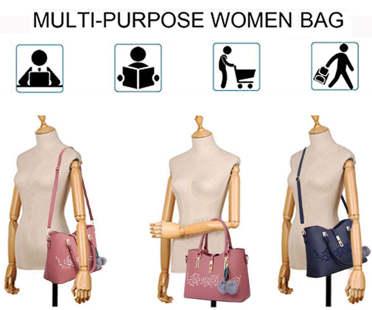 Women's PU Leather Messenger Bag with Rose Embroidery - 3 Piece Set (Tote, Crossbody Bag & Wallet) for Work, Travel & Everyday Use