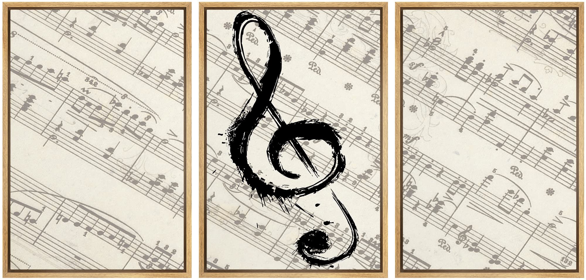 Wall26 Framed Canvas Art - Music Note on Score Paper Wall Decor, 16x24 Inches, 3-Panel Set, Natural Wood Frame - Perfect for Living Room, Bedroom & Office Decor