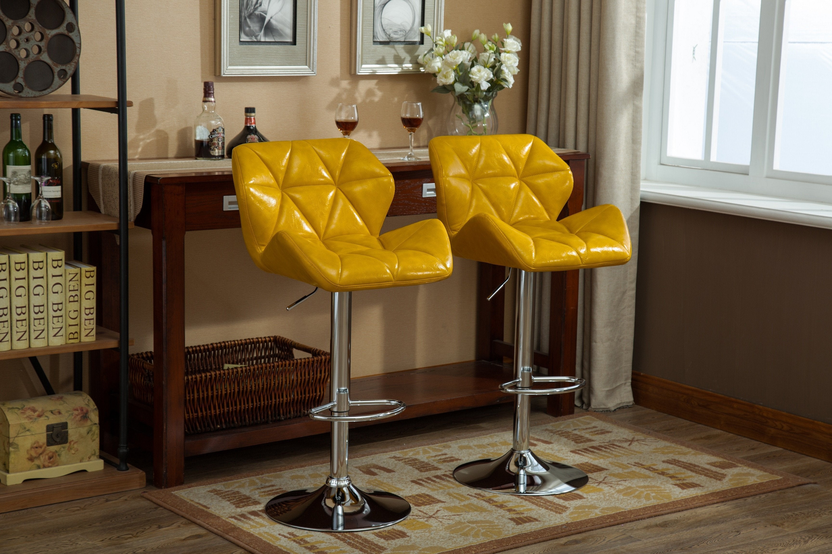 Roundhill Furniture Glasgow Contemporary Tufted Adjustable Height Hydraulic Bar Stools, Set of 2, Yellow - Perfect for Kitchen Islands, Home Bars & Modern Dining Areas