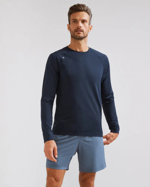 Rhone Men's Reign Long Sleeve Trim Fit Performance T-Shirt - Moisture Wicking, Breathable Workout Shirt for Running & Gym - True Navy Blue