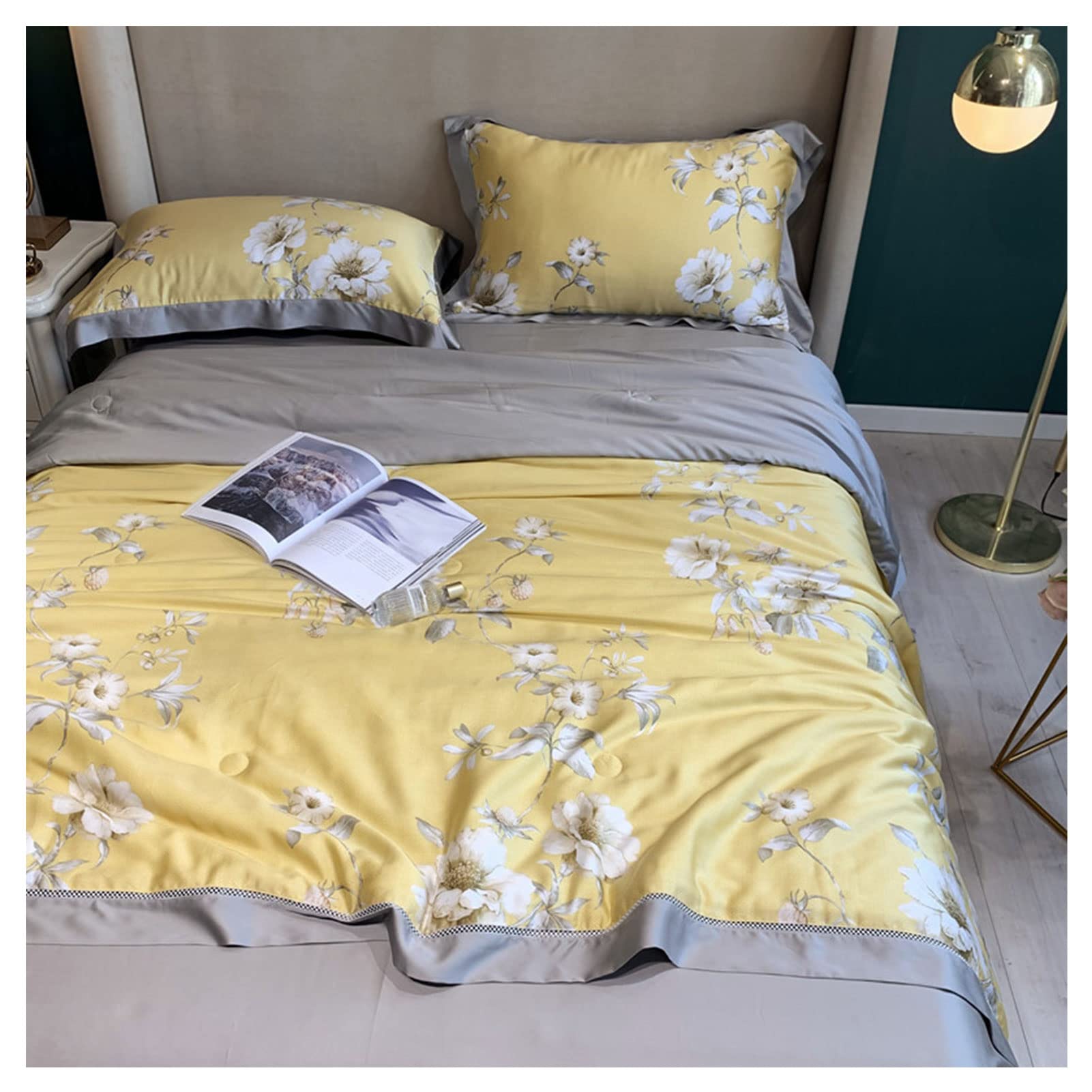Breathable Ice Silk Air Conditioning Quilt Set - 4 Piece Summer Cooling Bedding, Machine Washable Tencel Duvet Cover with Lace Trim (220x240cm) for Hot Sleepers & Air-Conditioned Rooms