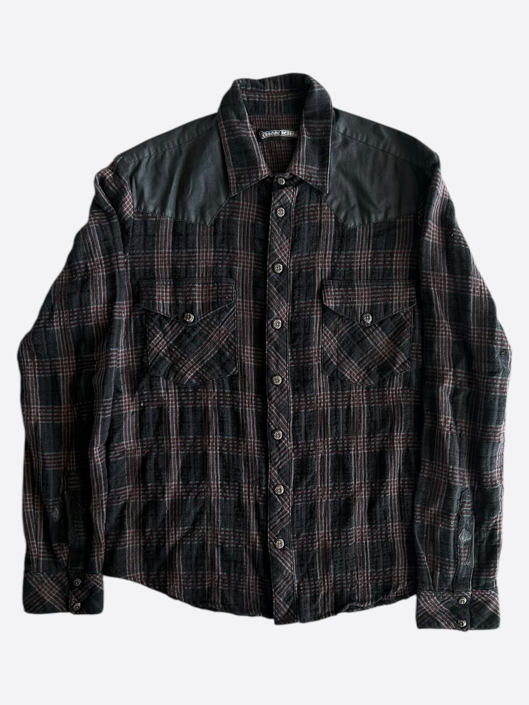 Chrome Hearts Red & Black Leather Cross Patch Flannel Shirt - Stylish Gothic Fashion for Men & Women - Perfect for Casual Wear, Concerts, and Street Style