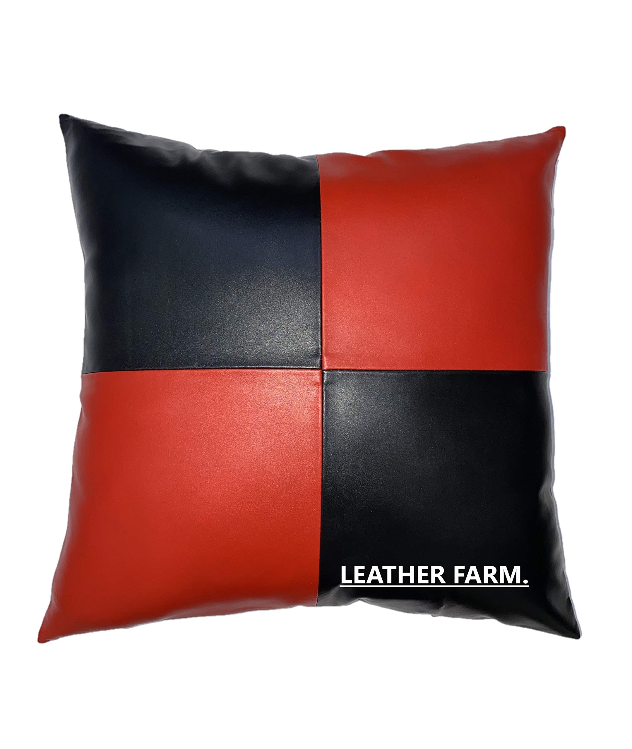 LEATHER FARM Black & Red Chess Lambskin Leather Cushion Pillow Cover - 20x20 Inches (Set of 2) - Luxury Home Decor for Sofa, Bed & Office - Perfect for Living Room, Bedroom & Study