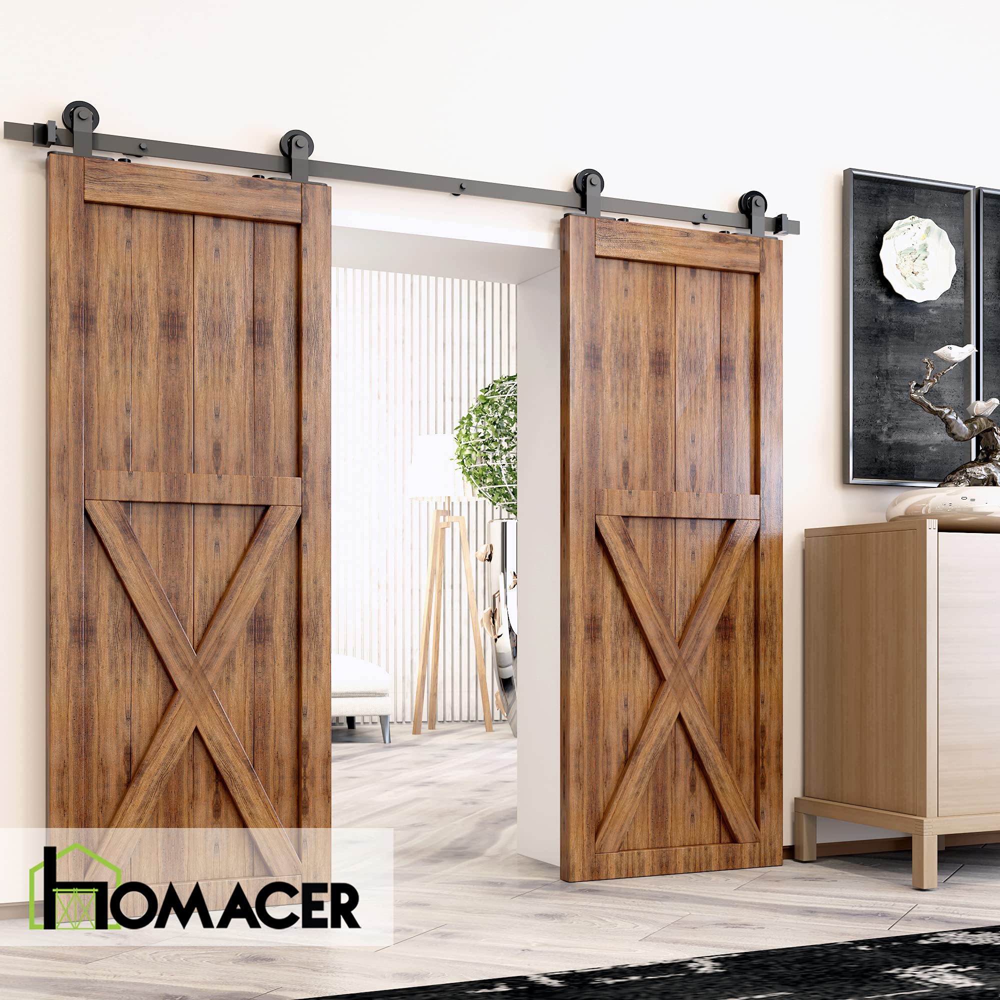 Homacer Black Rustic Non-Bypass Sliding Barn Door Hardware Kit - Heavy Duty T-Shape Roller Design for Double Doors with 4ft Flat Track | Interior & Exterior Use | Perfect for Farmhouse, Loft, and Industrial Style Homes