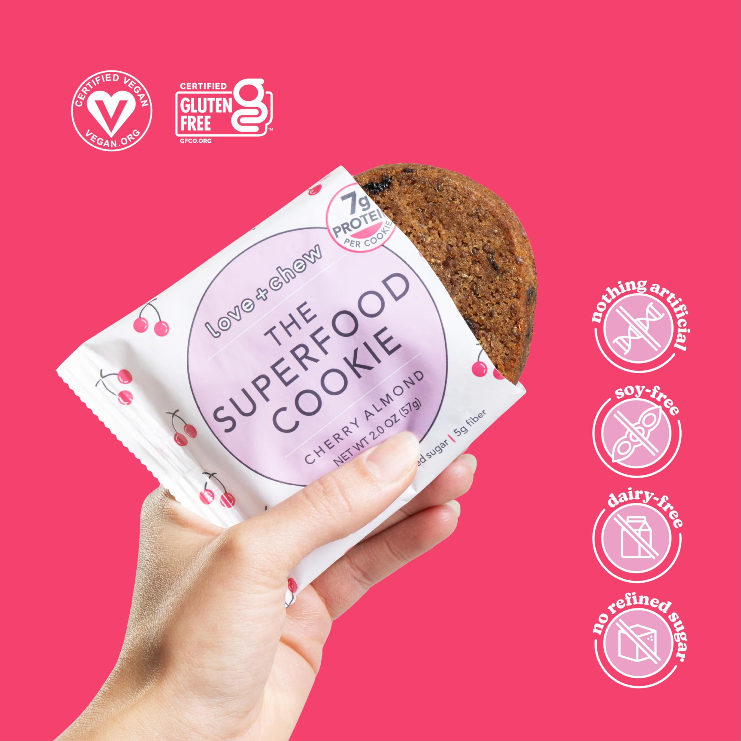 Love + Chew Tasty Gluten-Free Vegan Cookies - Bulk Box (60 Count) - Cherry Almond Flavor, Paleo & Non-GMO Healthy Snacks - Individually Wrapped Soft-Baked High Protein Almond Cookies (2oz Each) - Perfect for School Lunches, Office Snacks & On-the-Go Energy Boosts