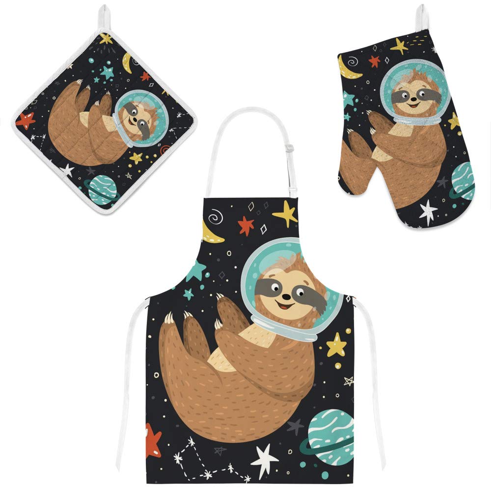 Kuizee 3-Piece Kitchen Apron Set - Cute Sloth Astronaut Cartoon Design, Funny Space-Themed Pot Holder, Apron & Oven Mitts for Cooking, Baking & BBQ - Perfect Gift for Home Chefs & Grill Masters