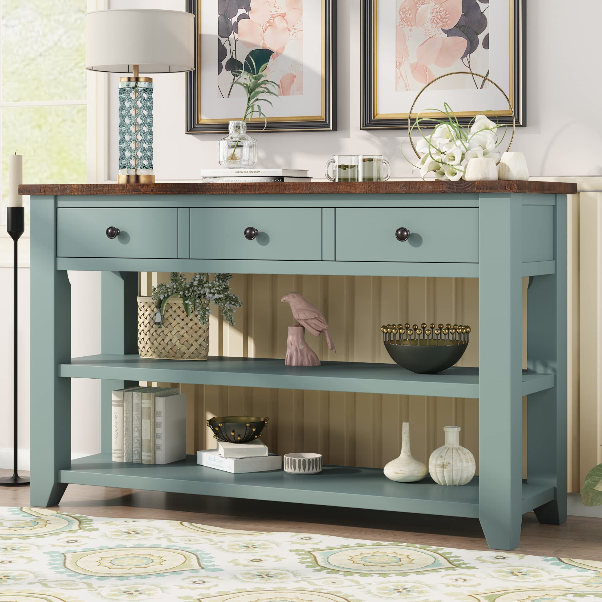 Modern Wood Console Table with 3 Drawers & 2 Shelves - Entryway Sofa Table, Hallway Sideboard, Living Room Buffet Table - Green (Perfect for Small Spaces & Home Decor)