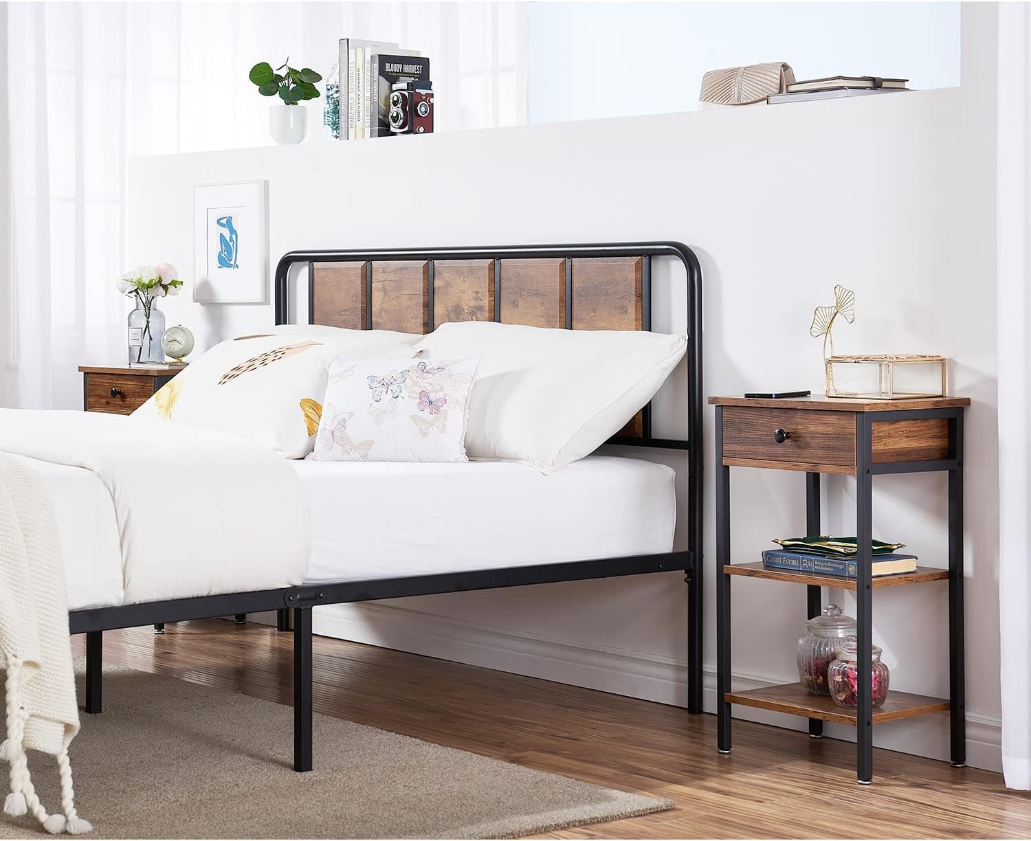 VECELO 2-Piece Tall End Table with Adjustable Shelf & Drawer - Nightstand for Small Spaces, Living Room & Bedroom Furniture - Brown Wood Side Table (Perfect for Studio Apartments, Dorm Rooms & Cozy Bedside Storage)