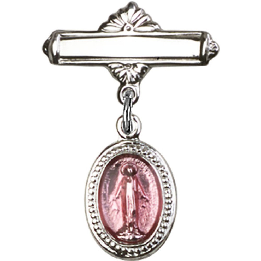 1 X 5/8 Inch Sterling Silver Baby Badge with Pink Miraculous Charm & Polished Pin - Perfect for Christening Gifts, Baby Showers & First Communion Jewelry