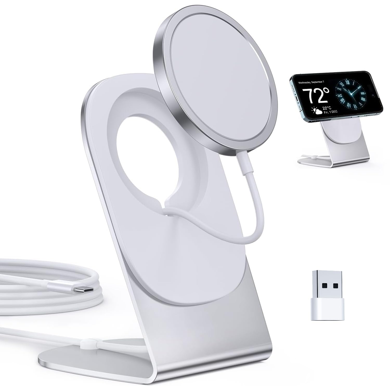 Magnetic Wireless Charger Stand for iPhone 16/15/14/13/12 Series - MagSafe Compatible Fast Charging Pad with 5ft Cable | Works with AirPods 2/3/Pro | Perfect for Home, Office & Car Use