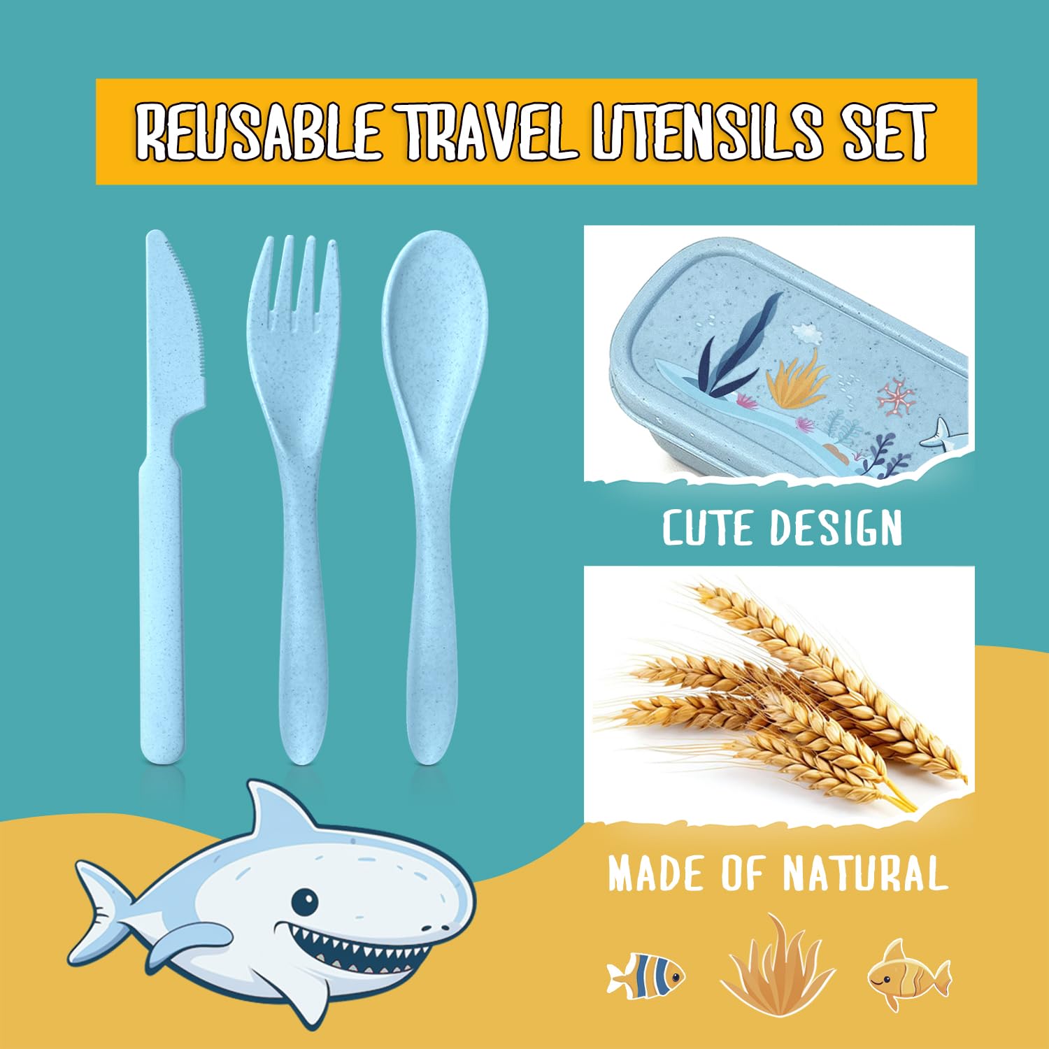 Teivio Eco-Friendly Wheat Straw Travel Utensil Set for Kids - Reusable Plastic Fork, Spoon, Knife & Chopsticks with Whales Storage Case | Perfect for School Lunch, Camping & Picnics (Blue)