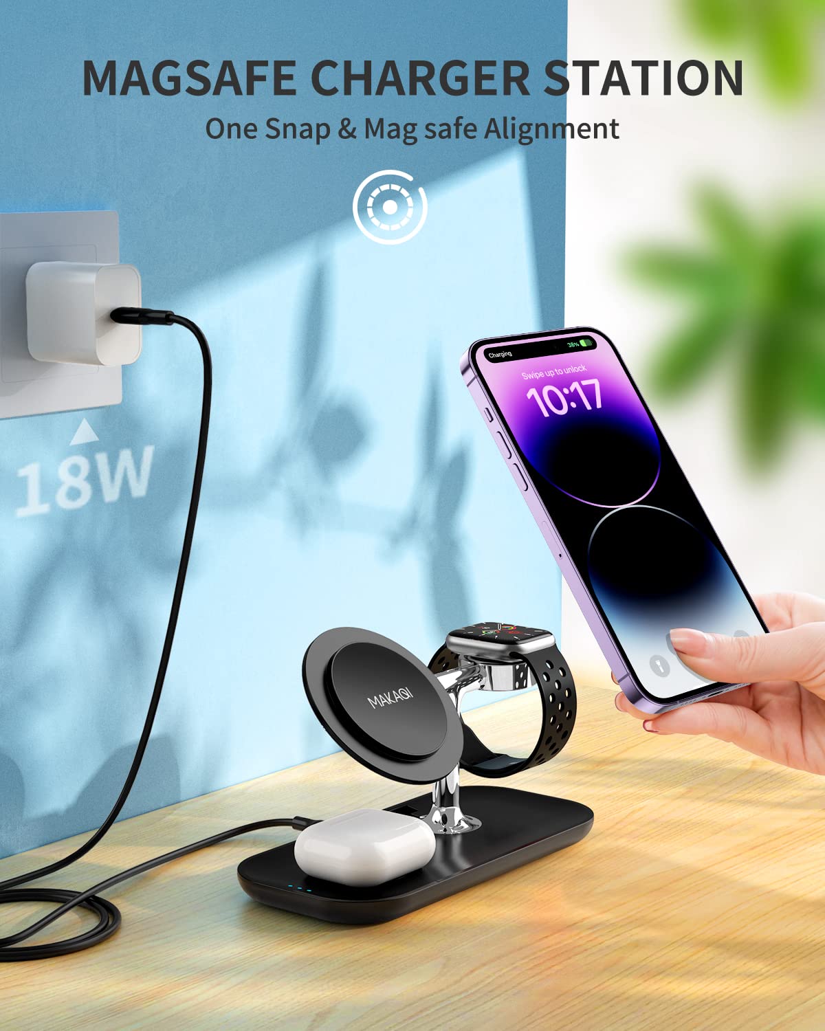 3-in-1 Magnetic Wireless Charging Station for iPhone 16/15/14/13/12, Apple Watch & AirPods Pro/4/3/2 - Fast Qi-Certified Charger with Magsafe Compatibility (Includes Cable & Wall Adapter) - Perfect for Home, Office & Travel Charging Needs
