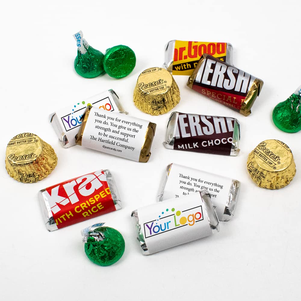 190 Pcs Bulk Custom Candy with Business Logo - Personalized Mini Chocolates, Kisses & Peanut Butter Cups for Candy Buffet (Gold & Green) - Perfect for Corporate Events, Weddings & Promotions - Ideal for Branding, Party Favors, Trade Shows and Client Gifts