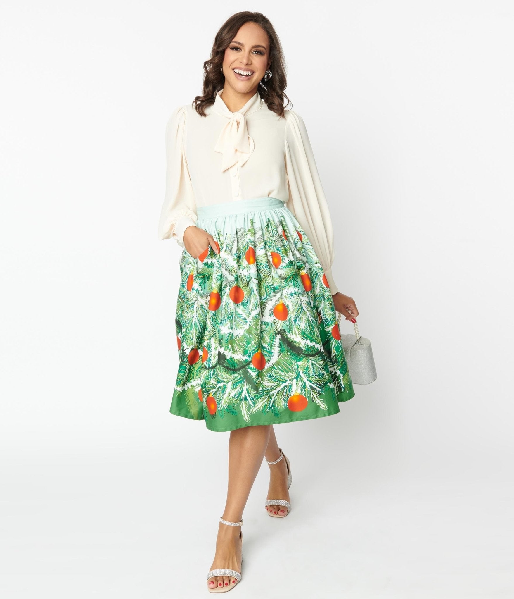 Vintage Green Evergreen & Red Ornaments Swing Skirt - Retro Flared A-Line Skirt for Women | Perfect for Christmas Parties, Holiday Dinners & Vintage Fashion Outfits