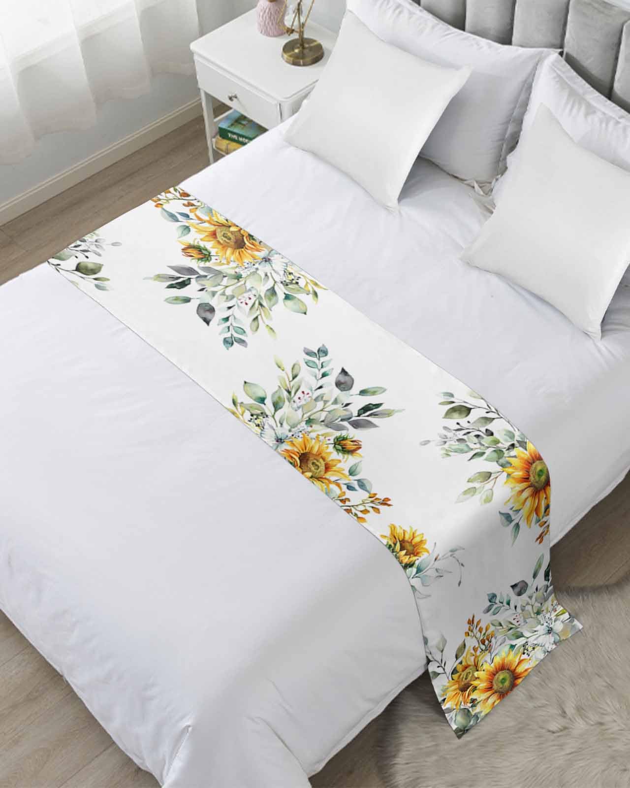 Soft Green Eucalyptus Bed Runner Scarf - Queen Size Bedding Accessory, Stainproof Hotel & Wedding Decor - 94x20 Inch Yellow Sunflower Botanical Leaf Design for Bedroom, Living Room & Guest Room