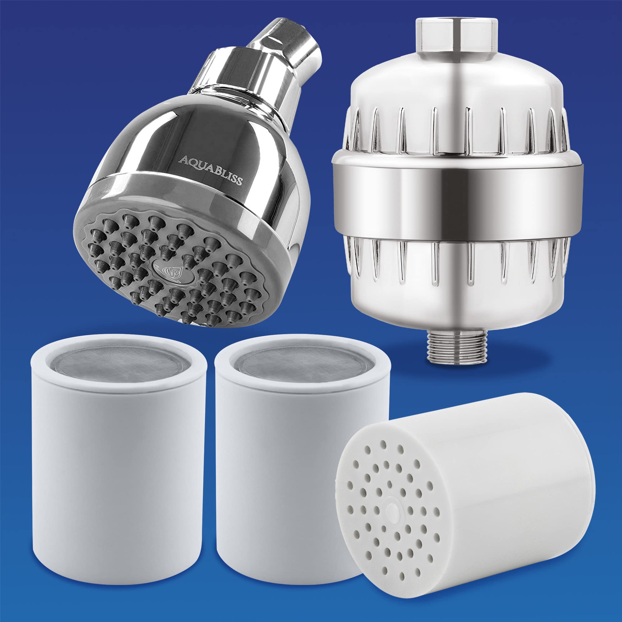 AquaBliss SF100 High Output Revitalizing Shower Filter with TurboSpa 3 Inch High Pressure Shower Head - Includes Flow Restrictor & 3 SFC100 Replacement Cartridges | Multi-Stage Water Filtration System for Healthier Skin & Hair | Perfect for Home, Gym, and Travel Use