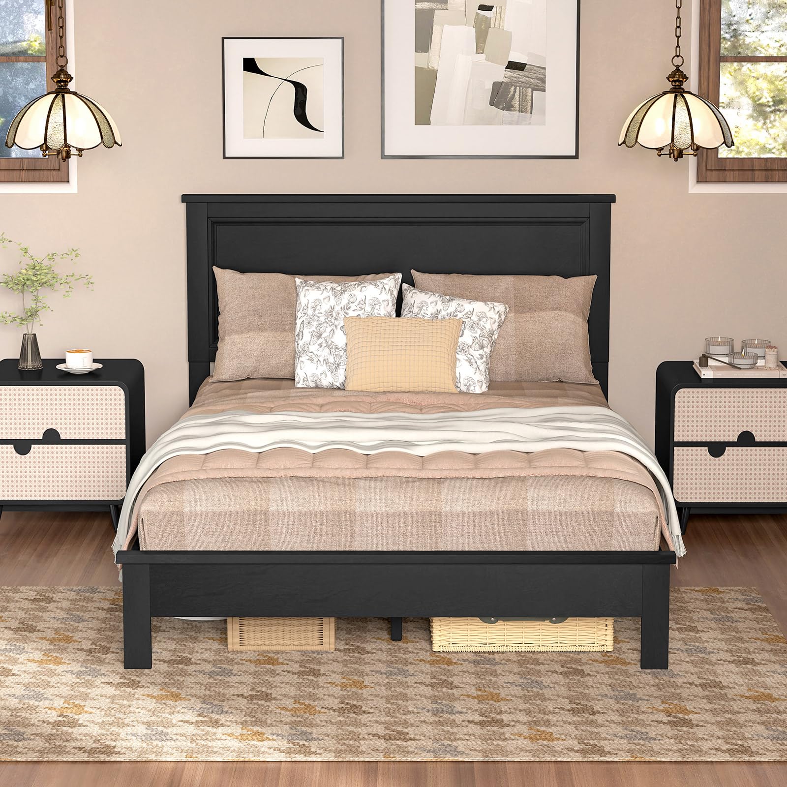 Giantex Full Platform Bed Frame with Headboard - Solid Wood Legs & Wooden Slat Support, Mid Century Modern Style, Easy Assembly, 500 lbs Weight Capacity, Black - Perfect for Master Bedroom, Guest Room & Small Space Living