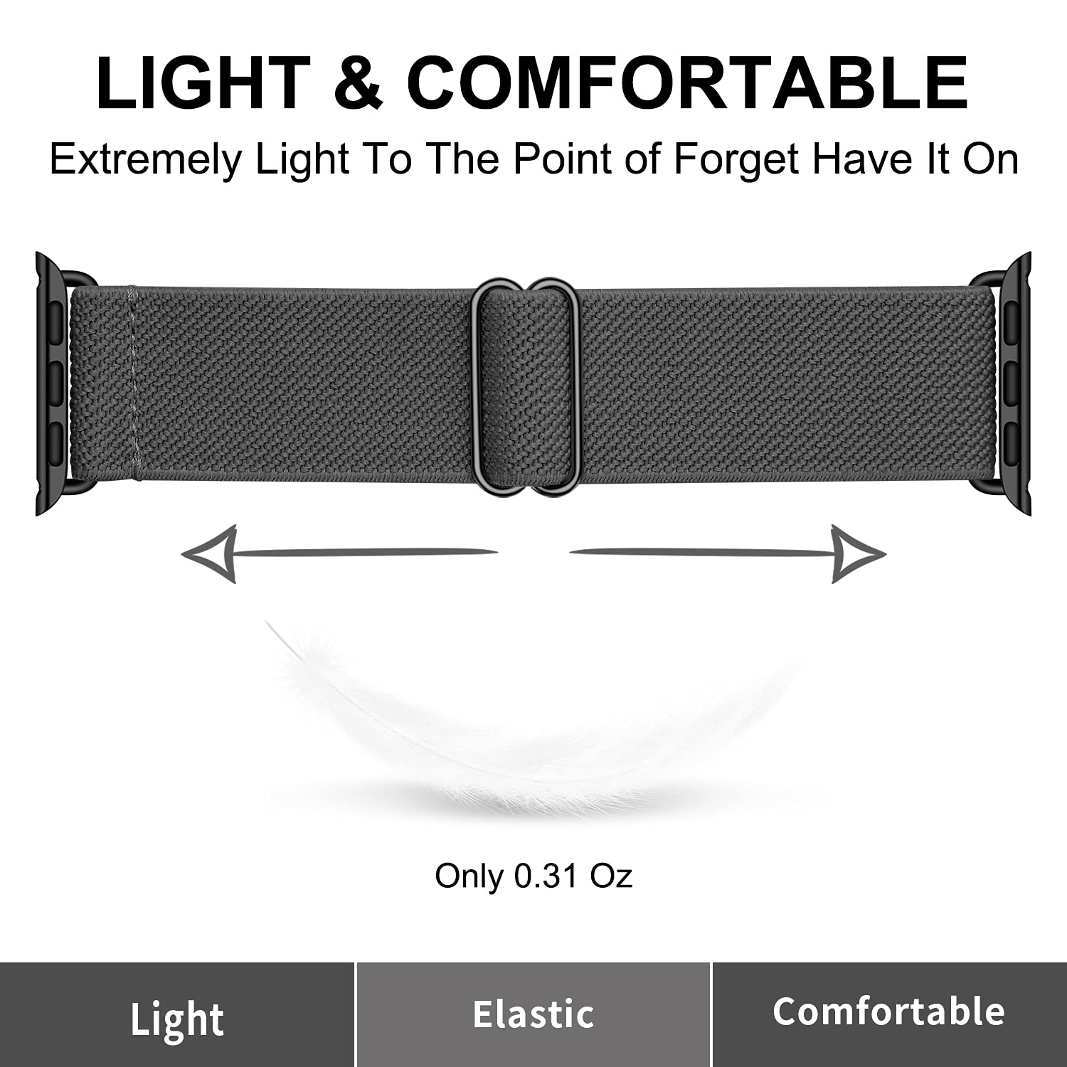 OXWALLEN Stretchy Nylon Solo Loop Band for Apple Watch Series 9/8/7/6/5/4/3 SE Ultra 2/1 (49mm 45mm 44mm 42mm) - Adjustable Elastic Strap with Stainless Steel Adapter - Deep Gray - Perfect for Workouts, Running & Everyday Wear