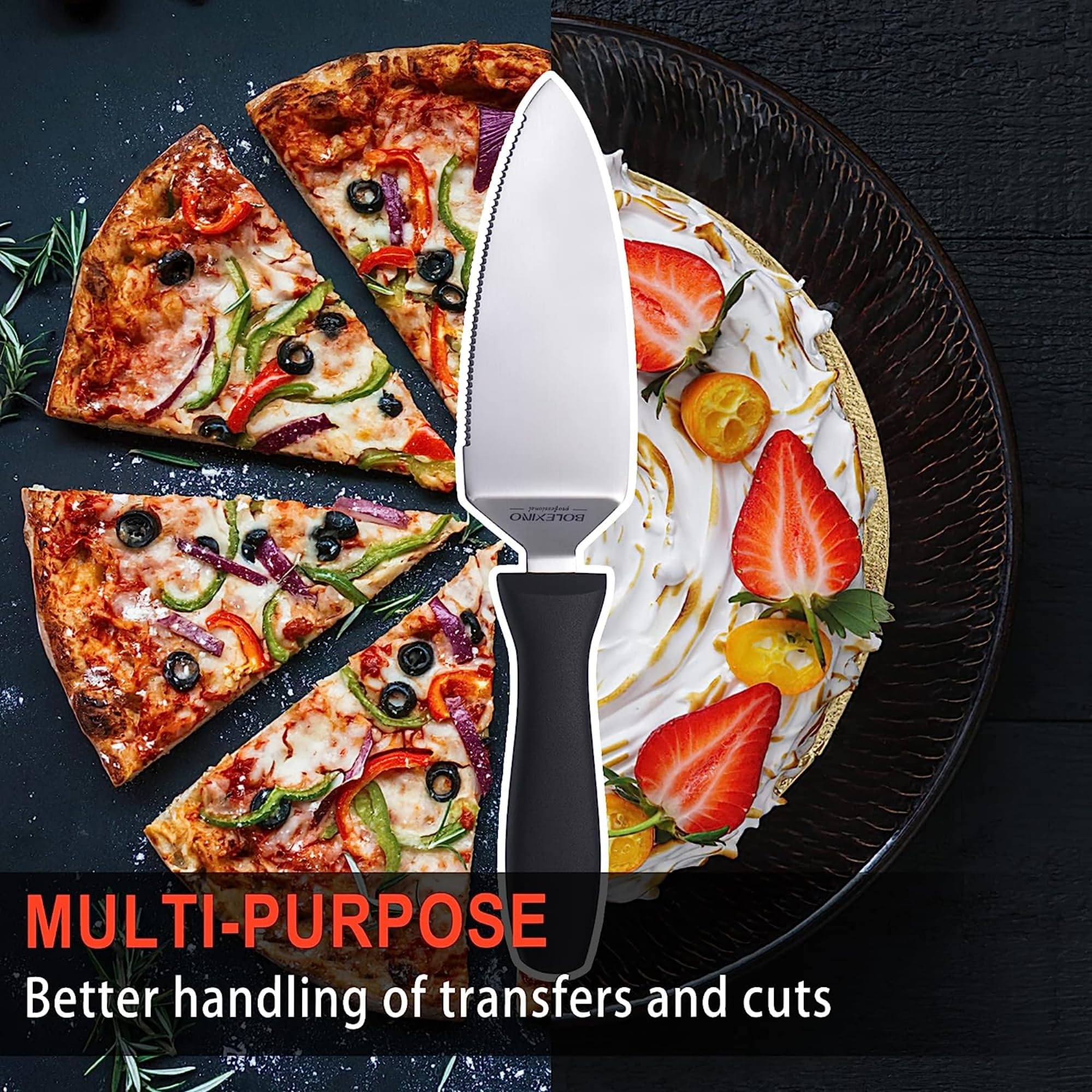BOLEX 7 Inch Professional Stainless Steel Pie Server & Cake Cutter with Ergonomic Non-Slip Handle - Heavy Duty Pizza Spatula for Baking, Dessert Serving & Party Catering - Perfect for Weddings, BBQs and Holiday Gatherings