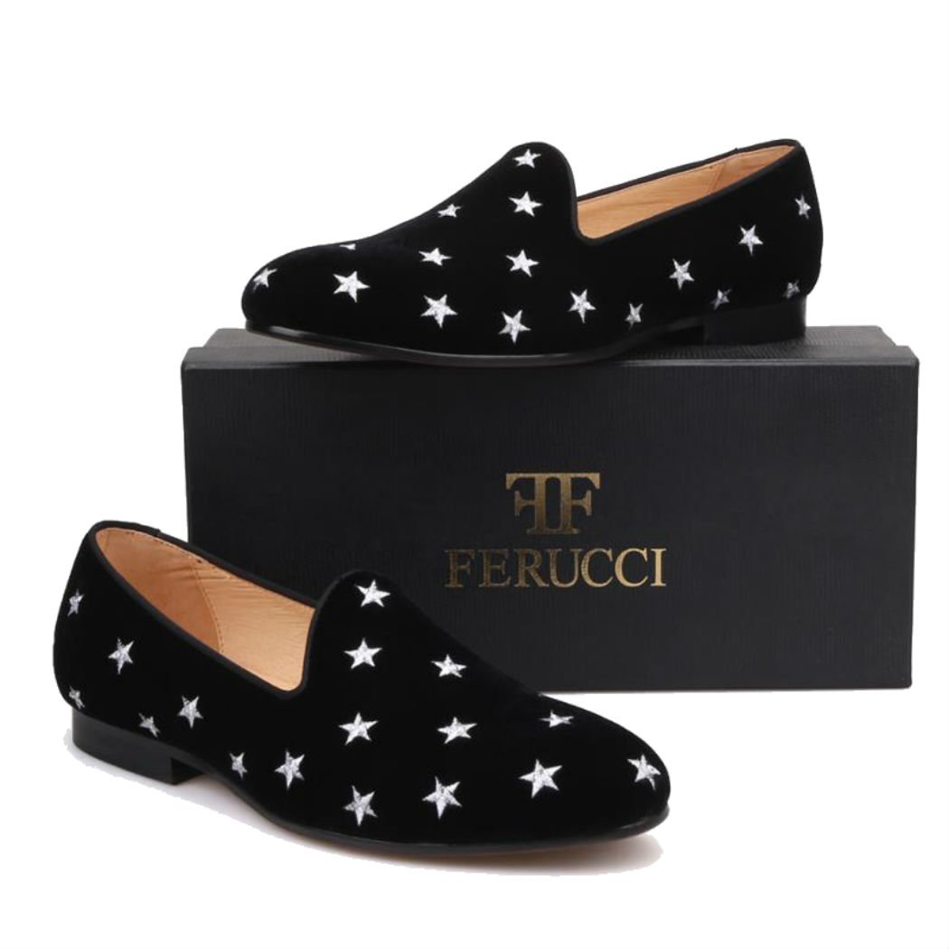 FERUCCI Handmade Men's Black Velvet Loafers with Silver Star Design - Comfortable House Slippers for Indoor/Outdoor Wear, Perfect Gift for Dad & Husband